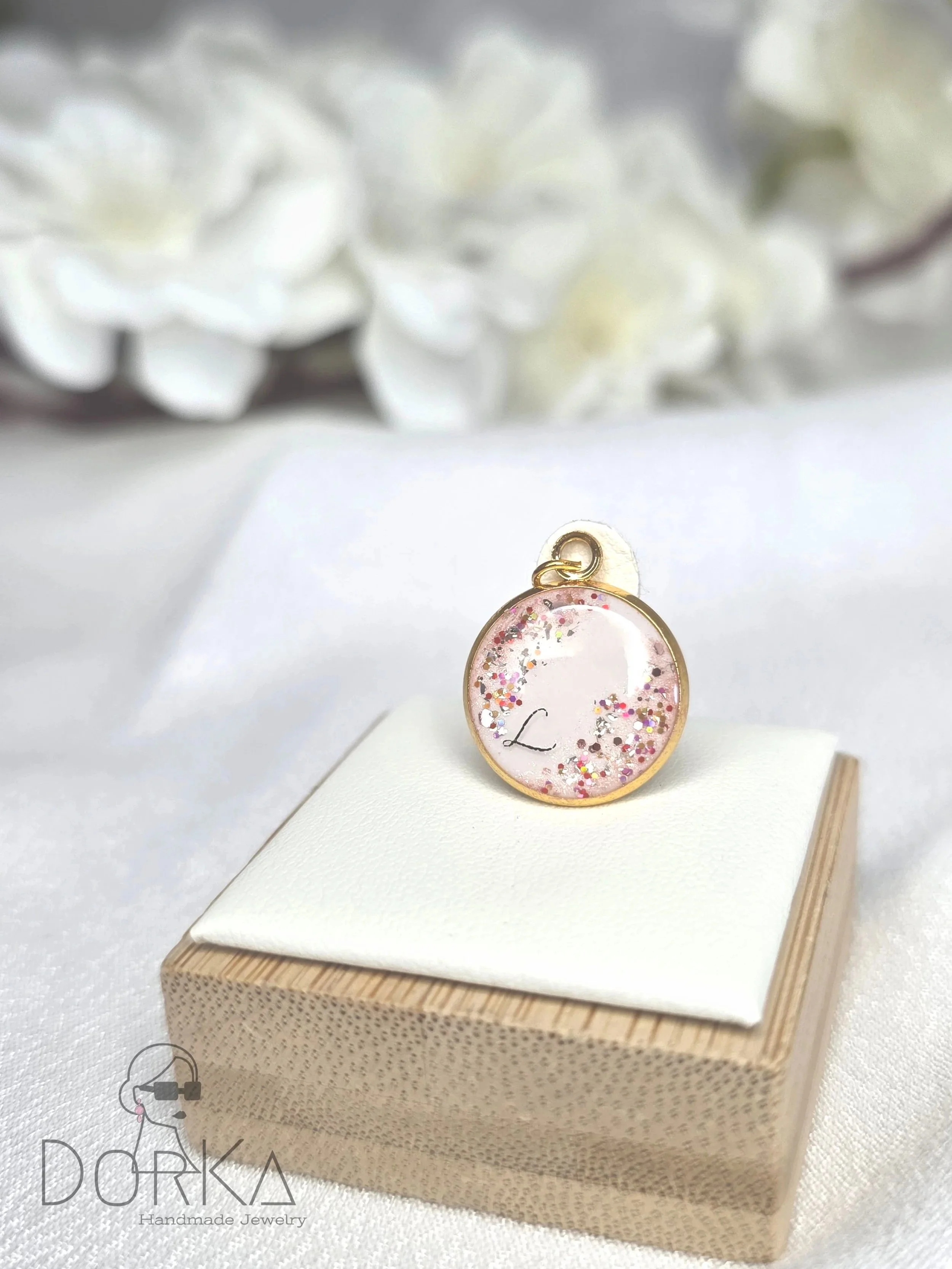 Kettenanhänger, Rund, mit Muttermilch, Glitzer und Initial