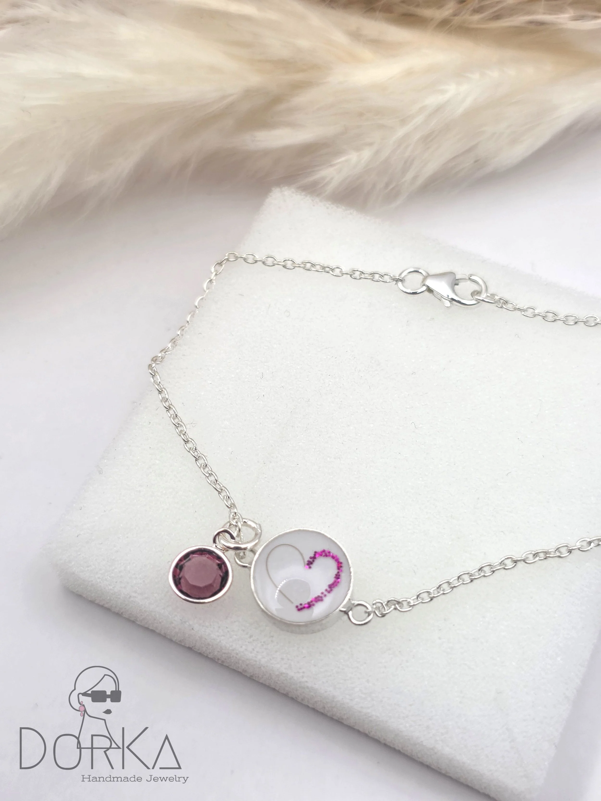 Armband, 925 Sterling Silber, mit Muttermilch, Herz aus Haare und Glitzer und Geburtsstein