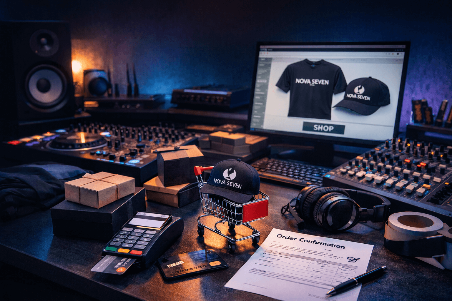 PC Arbeitsplatz zwischen Controllern in einem Musikstudio