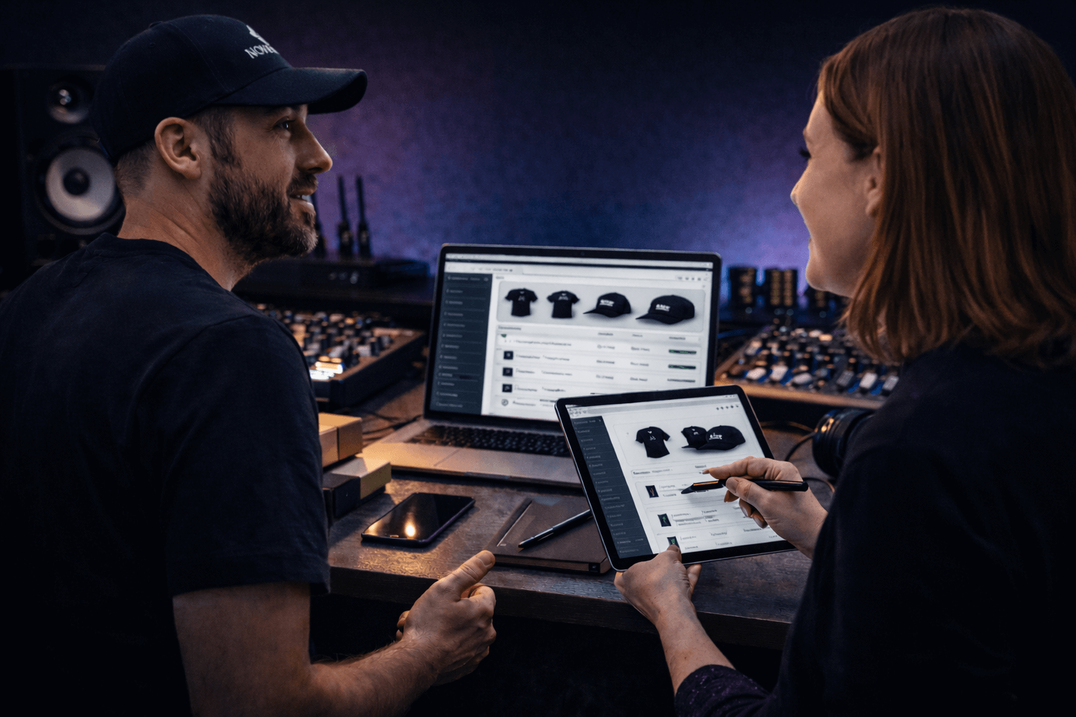 Zwei Menschen arbeiten in einem Tonstudio an einem Laptop und einem Tablet, die beide Produktseiten für Bekleidung und Mützen zeigen.