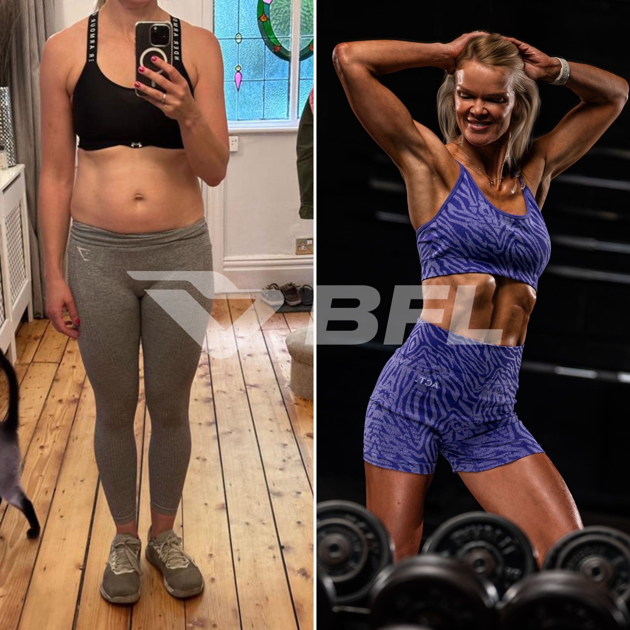 Before and after images of a woman showing her fitness transformation. In the first image, she is in a mirror selfie wearing a black sports bra, gray leggings, and sneakers, standing on a wooden floor. In the second image, she is at the gym in a blue sports bra and matching shorts, flexing her arm and showing defined muscles.