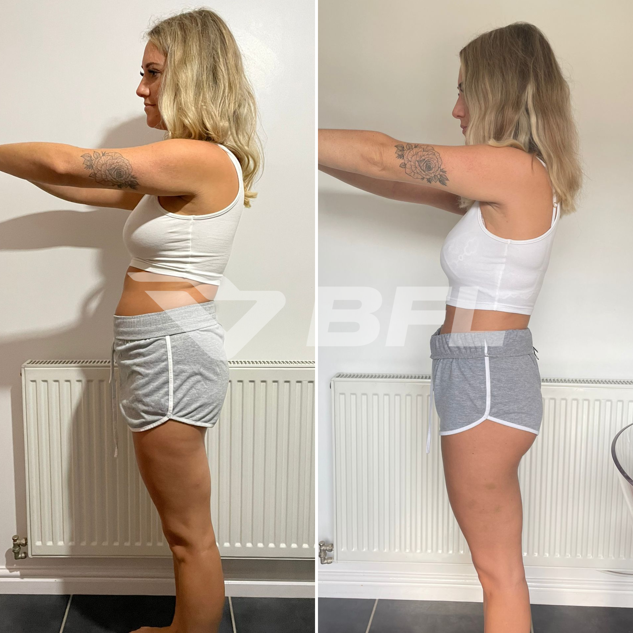 Comparison of a woman before and after fitness progress, standing sideways with arms extended forward, wearing a white tank top and gray shorts, in front of a white wall and radiator.