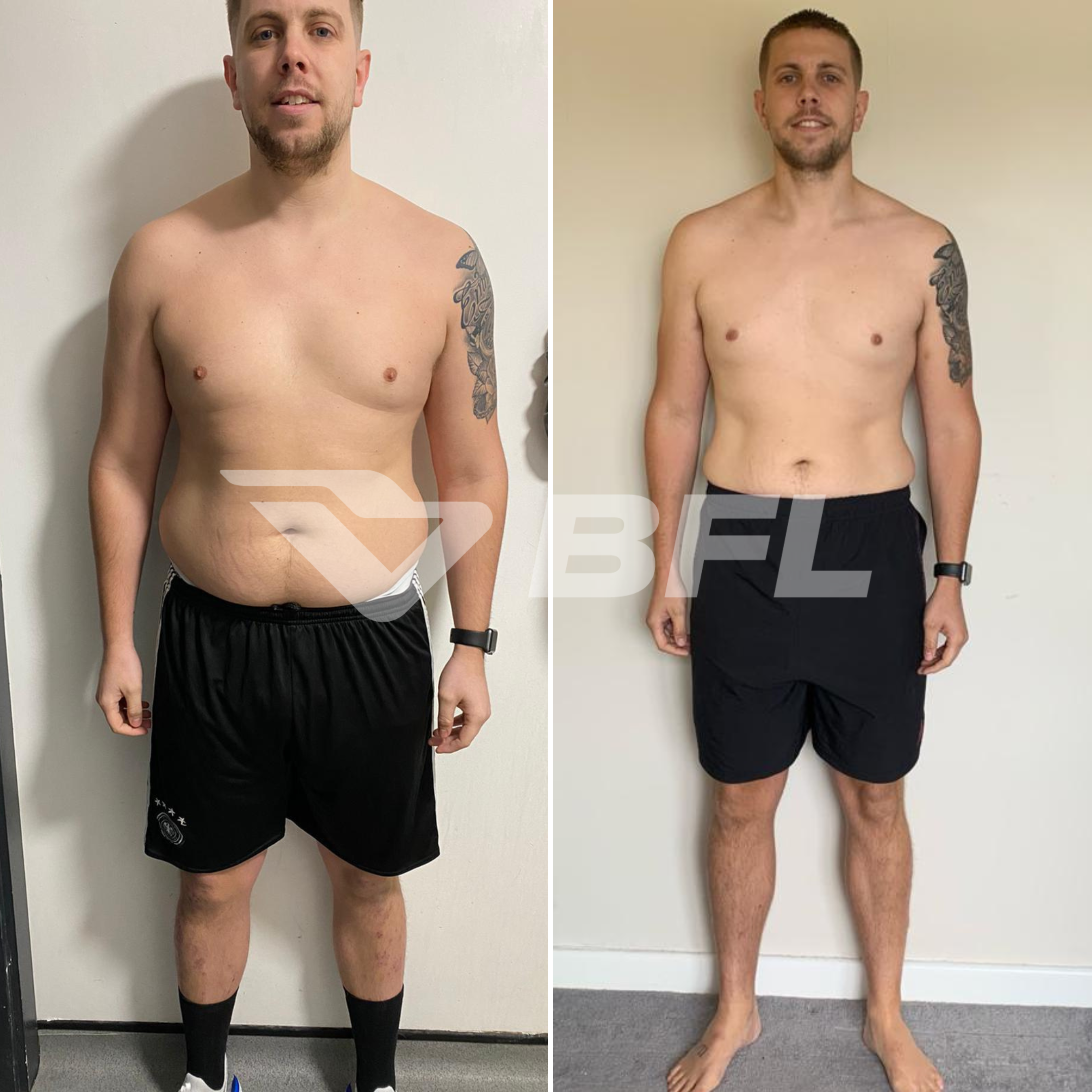 Side-by-side photos of a man before and after fitness progress. In the left image, he has more body fat, visible stomach, and is wearing black shorts, and in the right image, he has a leaner physique with less body fat, visible muscle tone, and is wearing black shorts.