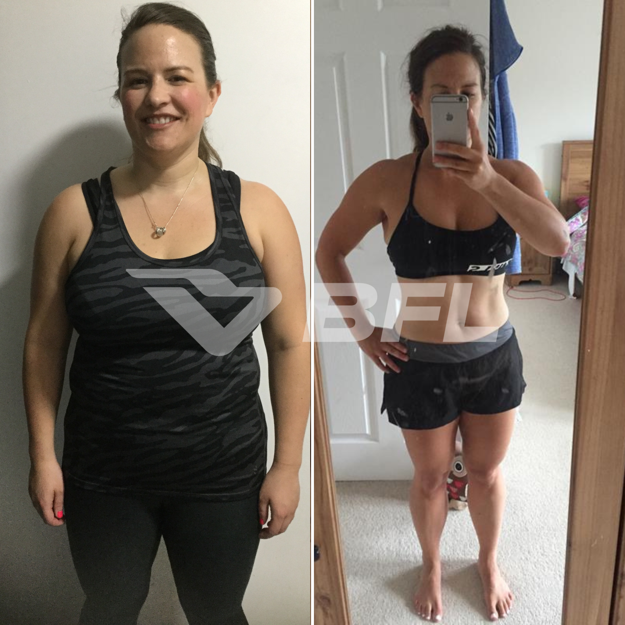 Side-by-side before-and-after fitness transformation photos of a woman. In the left photo, she is smiling and wearing a black and gray patterned tank top and black leggings. In the right photo, she is in workout clothes taking a mirror selfie, showing a more toned and muscular physique.
