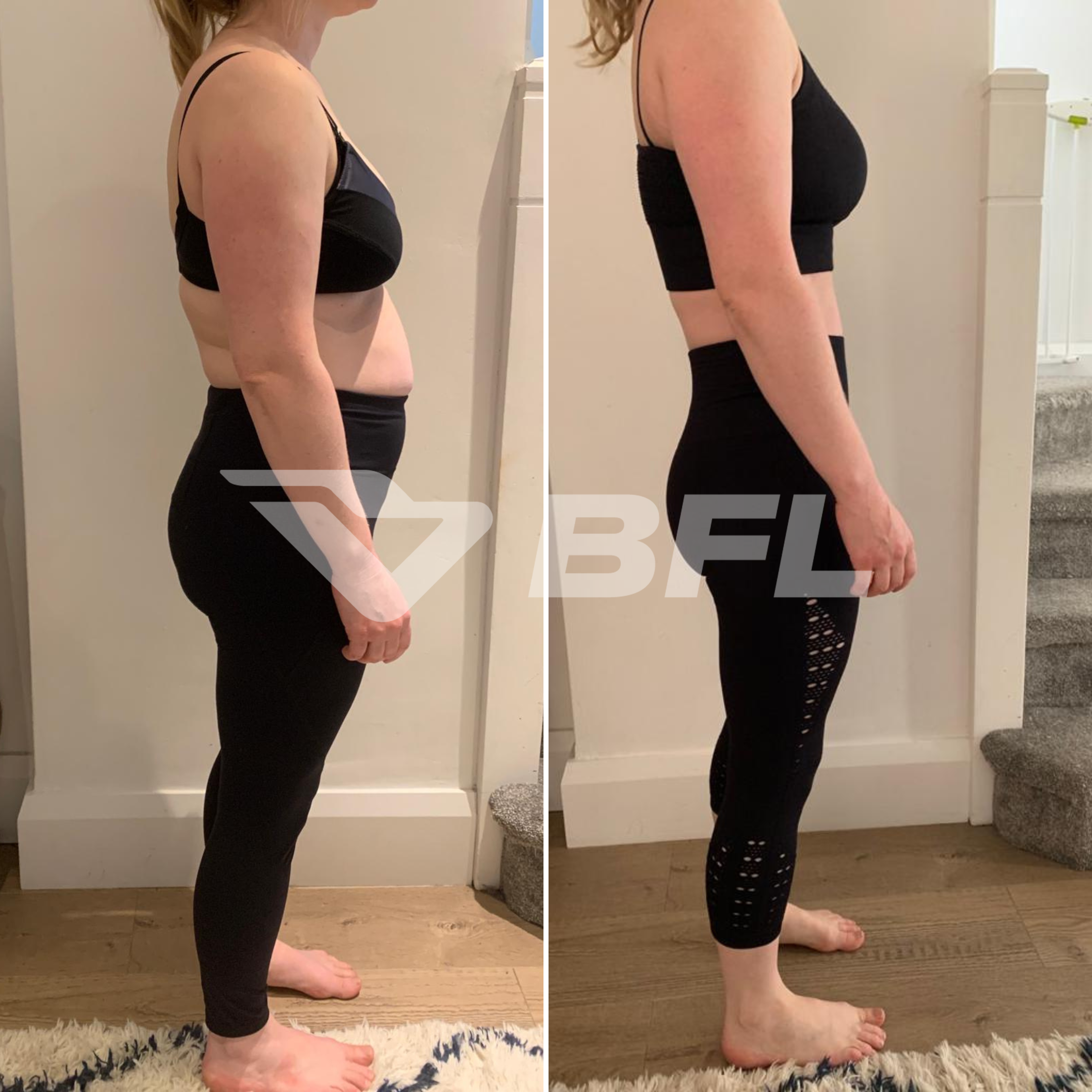 Side-by-side before and after photos of a woman showcasing weight loss progress, wearing black workout clothes in a home setting.