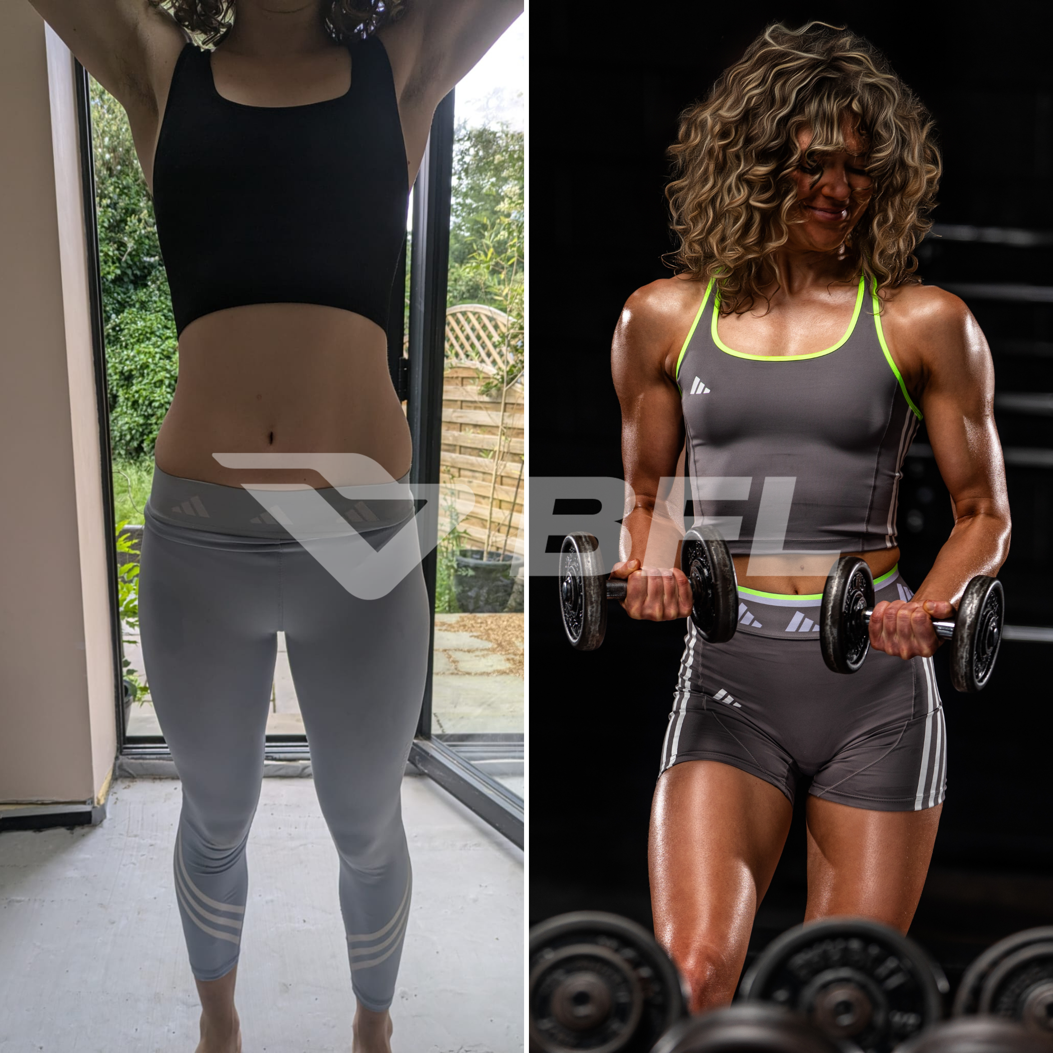 Side-by-side comparison of a woman before and after a fitness transformation. The left shows a woman in workout attire standing indoors, and the right shows her in a gym lifting dumbbells with a muscular physique.