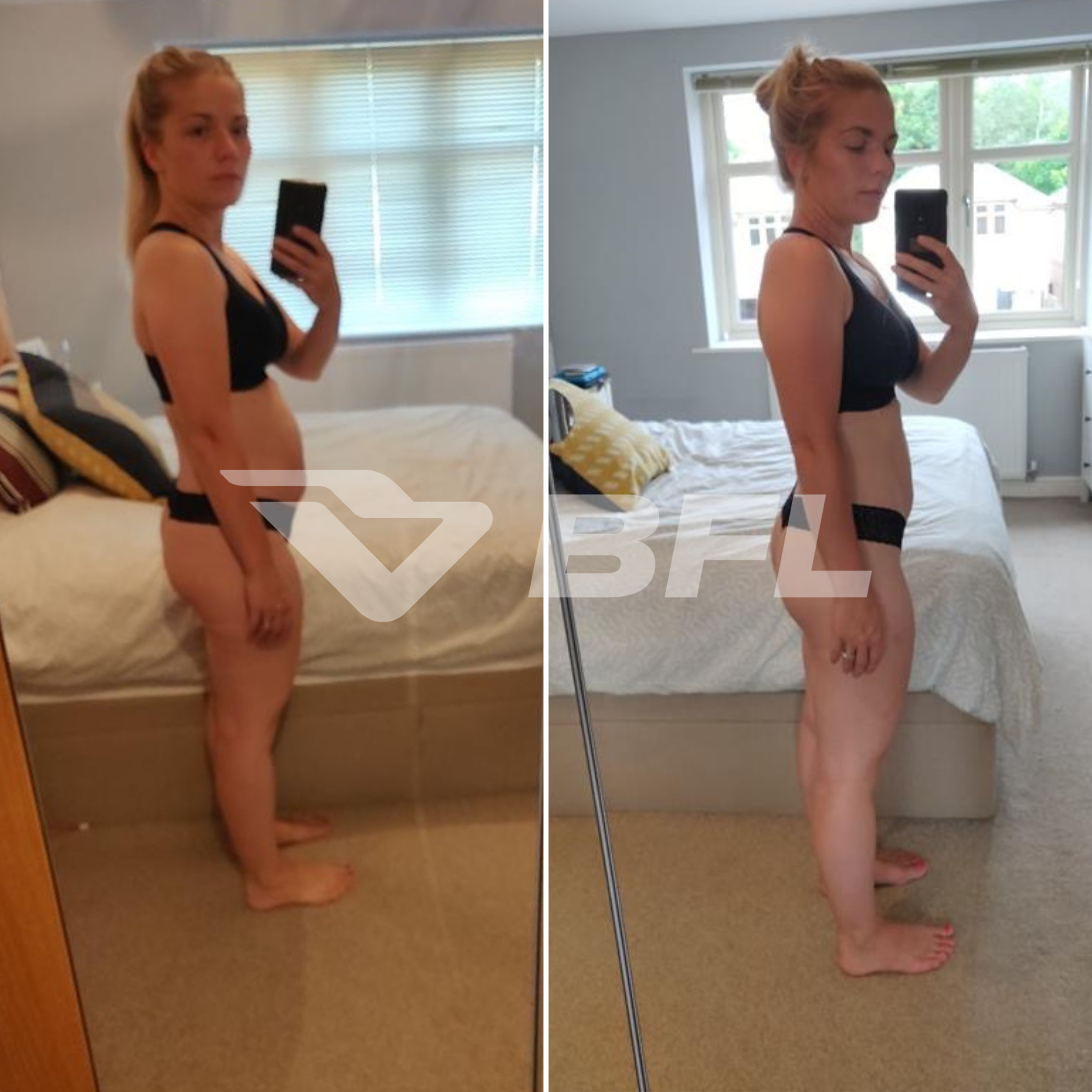 Side-by-side comparison of a woman in a black sports bra and shorts taking mirror selfies in her bedroom, showing her physical progress over time. The left image shows her with a more slender and toned physique, while the right image shows her with a slightly fuller figure.