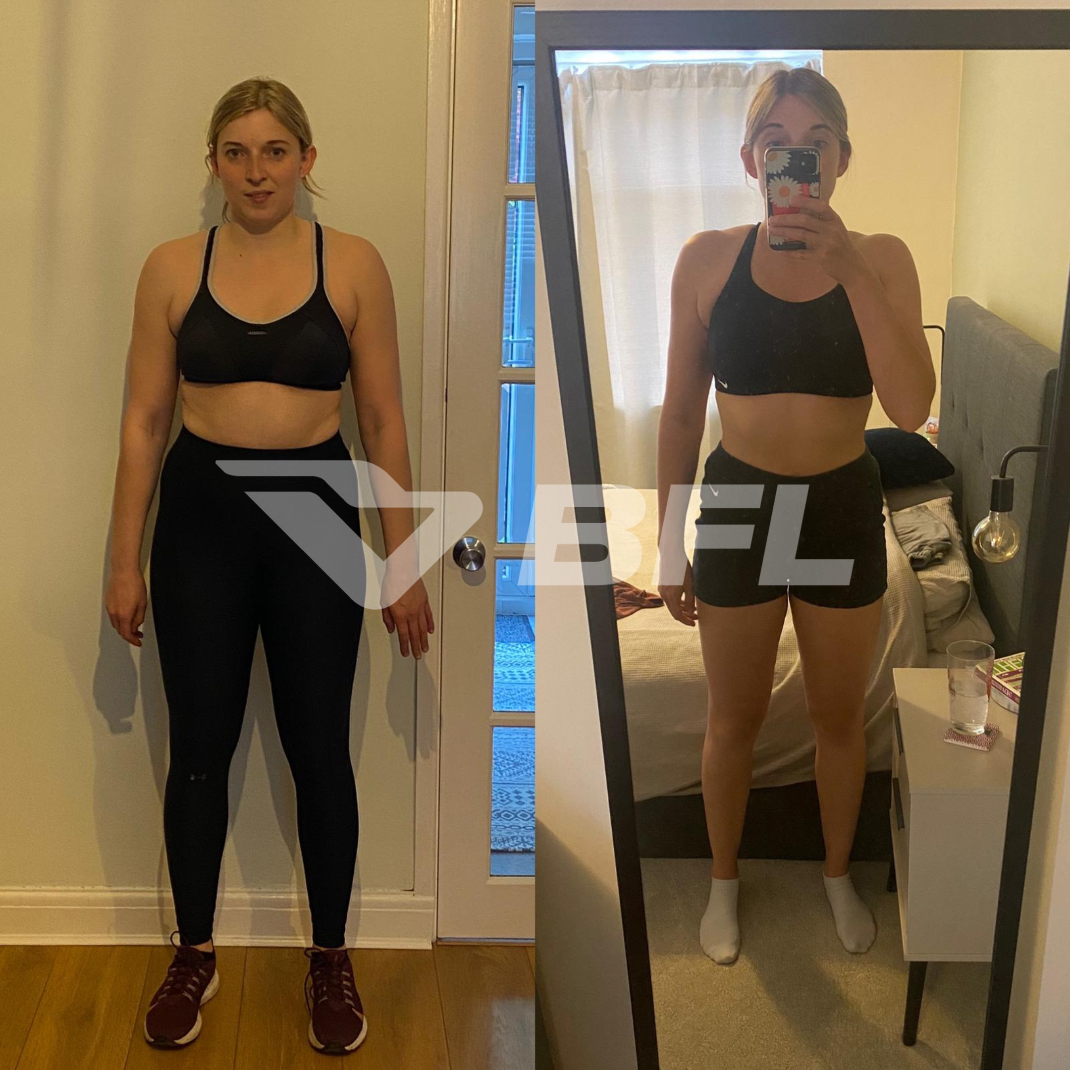 Side-by-side before and after photos of a woman wearing workout clothes, showing weight loss progress.