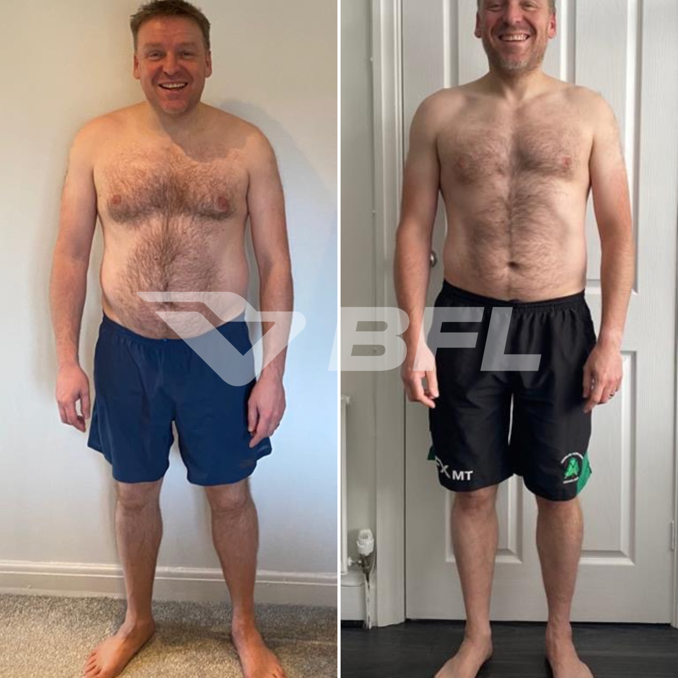 Side-by-side comparison of a man before and after weight loss, both shirtless, wearing shorts, standing indoors, smiling.