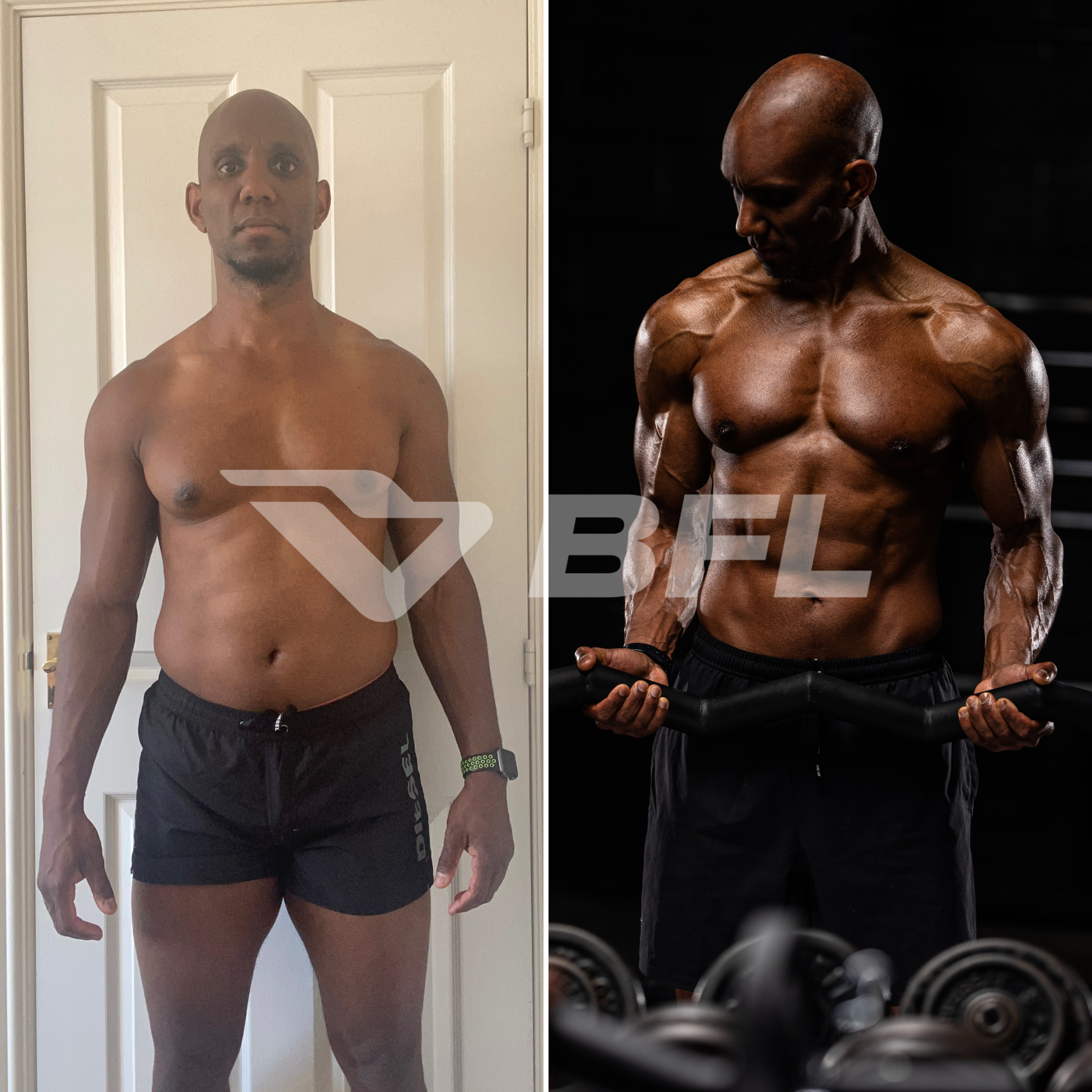 Comparison of a shirtless man before and after intense bodybuilding training, showing increased muscle definition.