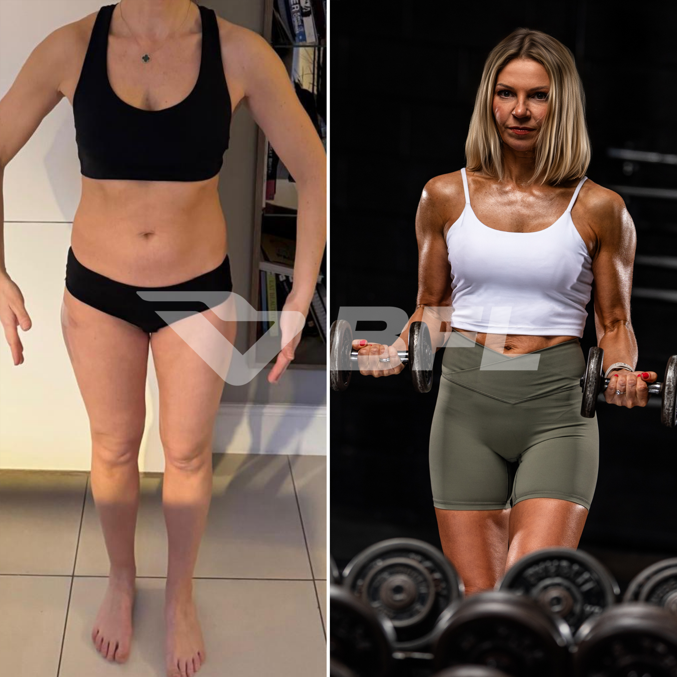 Side-by-side comparison of a woman's body before and after weight loss, with the 'before' on the left showing a woman in black workout clothes with a fuller physique, and the 'after' on the right showing the same woman with a more toned body, wearing a white sports top and green shorts, holding dumbbells in a gym.