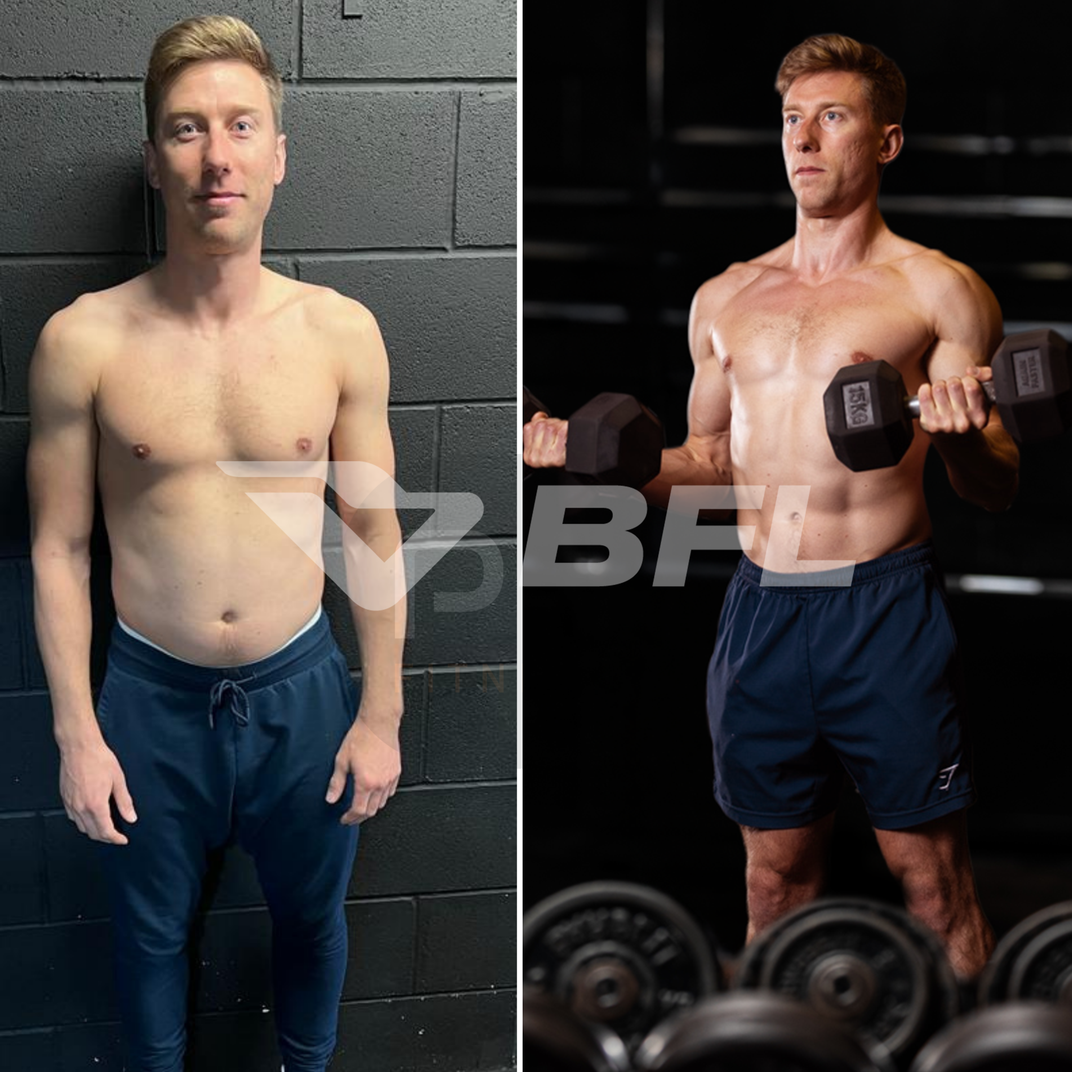 Comparison of a shirtless man before and after weightlifting, showing physical transformation.