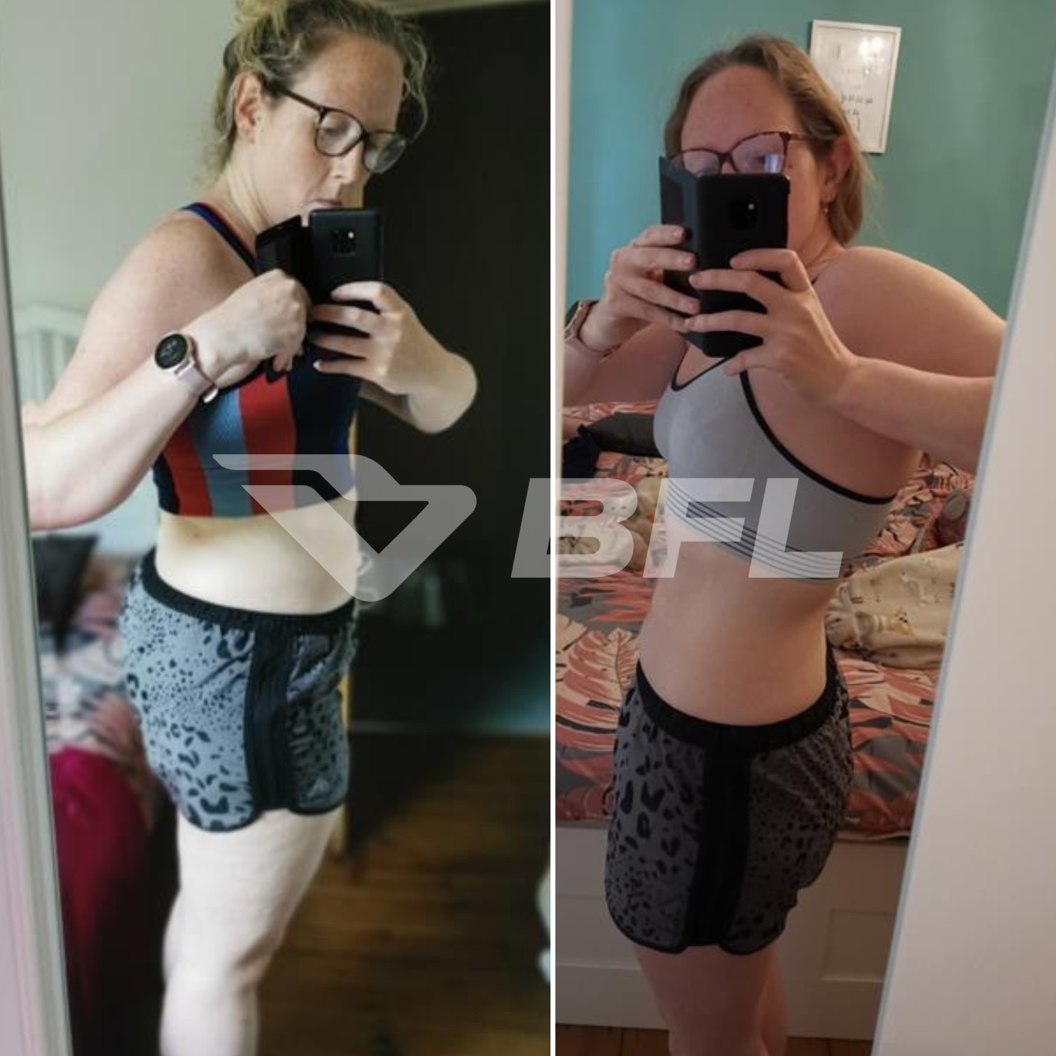 Side-by-side mirror selfies of a woman taking photos with her phone, showing transformation: on the left, she is wearing a sports bra and shorts with a fuller figure, and on the right, she appears slimmer with a more toned physique.