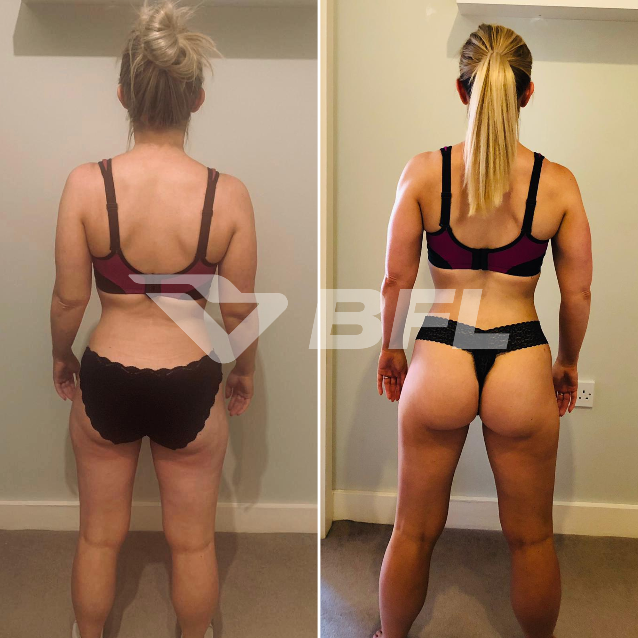 Side-by-side comparison of a woman's back before and after fitness transformation, showing weight loss and muscle tone improvements.