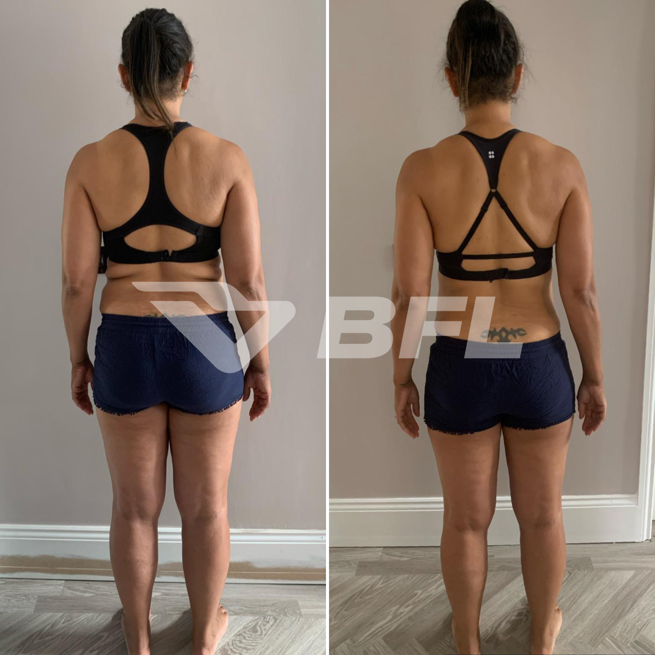 Side-by-side comparison of a woman from behind, showing weight loss progress. She is wearing a black sports bra and navy shorts in both images, standing against a grey wall and wooden floor. The right image shows visible reduction in body fat and improved muscle tone.