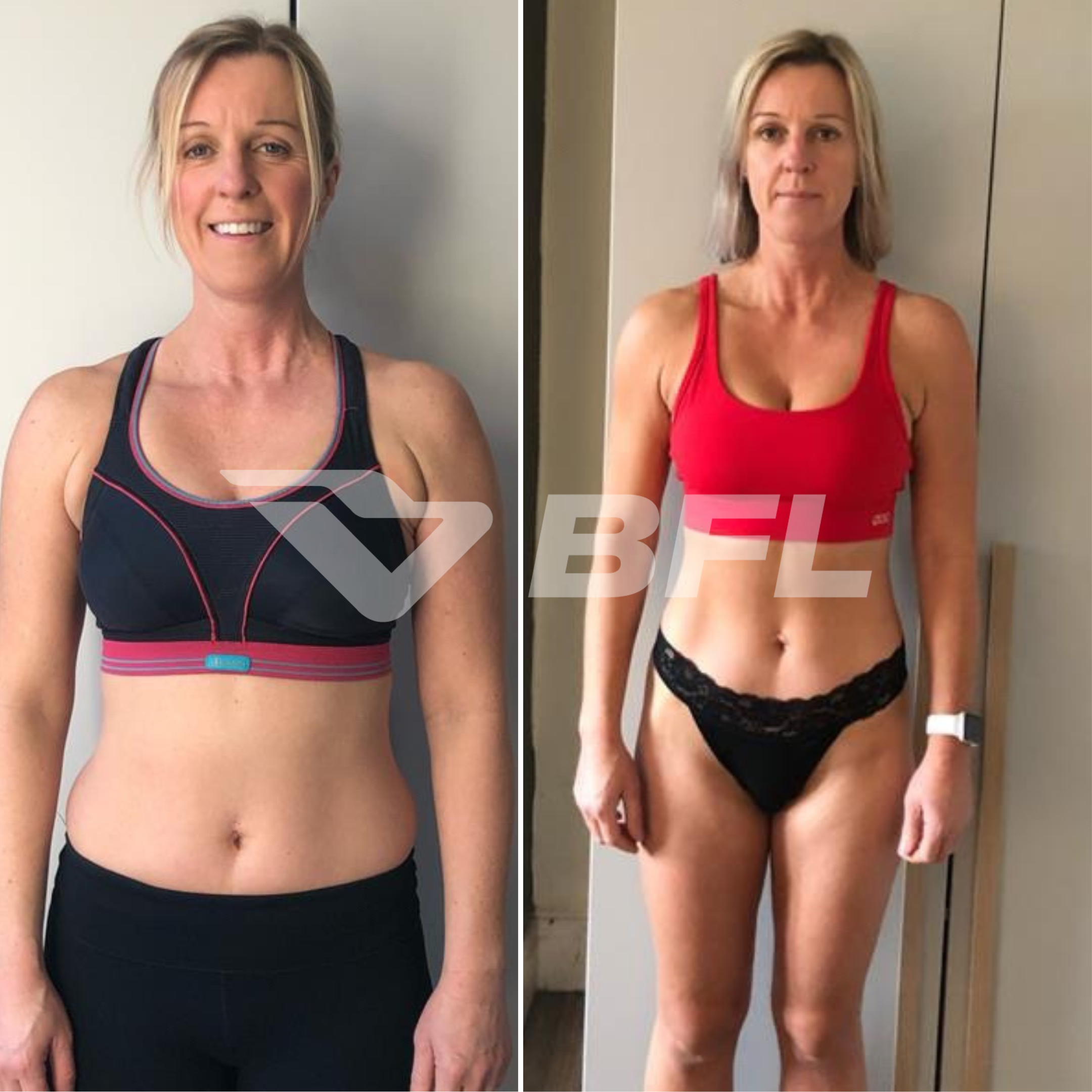 Side-by-side comparison of a woman before and after weight loss or body transformation, wearing workout clothes in both images.