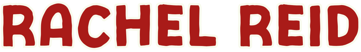 Text displaying 'RACHEL REID' in bold red and white letters.