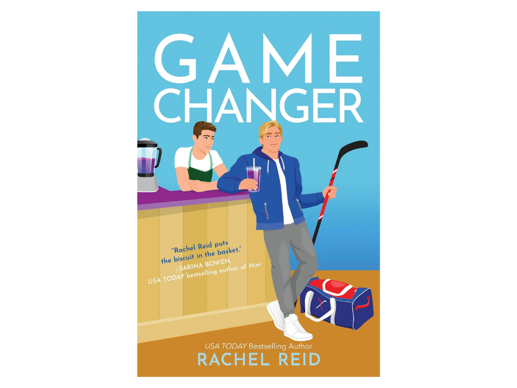 Cover of a book titled "Game Changer" by Rachel Reid, featuring an illustration of two young men standing at a snack bar. One is wearing a white shirt and green apron, and the other is wearing a blue jacket, holding a hockey stick and a purple drink. There's a hockey bag on the ground.
