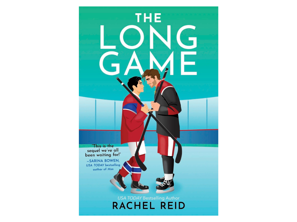 Book cover for "The Long Game" by Rachel Reid featuring two ice hockey players in a close stance inside an ice rink.