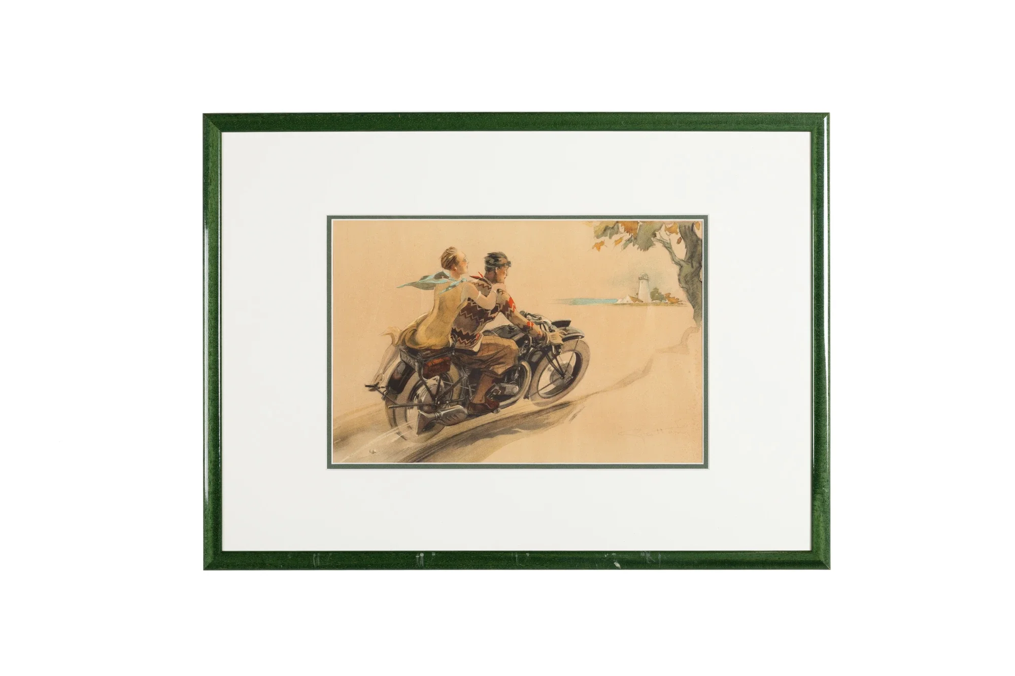 Une peinture représentant deux personnes roulant à vélo, l'une derrière l'autre, près de la mer avec un phare en arrière-plan, dans un style artistique vintage.