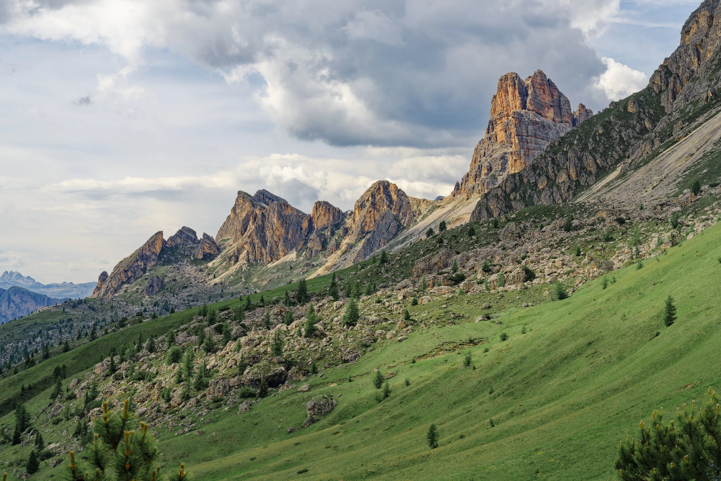 Green grassy hillside with scattered small trees and large rocky mountain formations in the background under a cloudy sky.