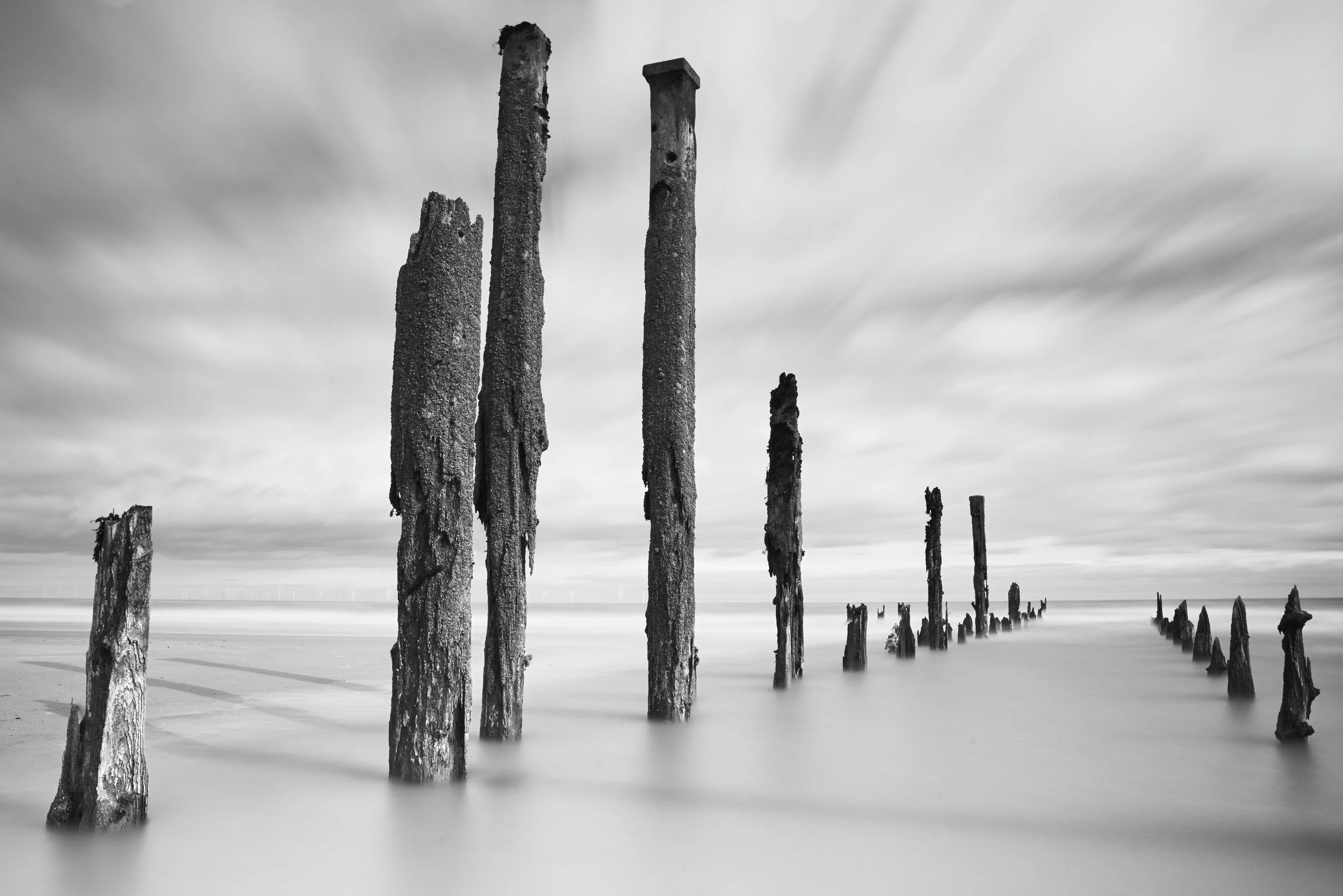 Black and white photo of old wooden posts partially submerged in water, lined up along a shoreline, with a cloudy sky overhead.