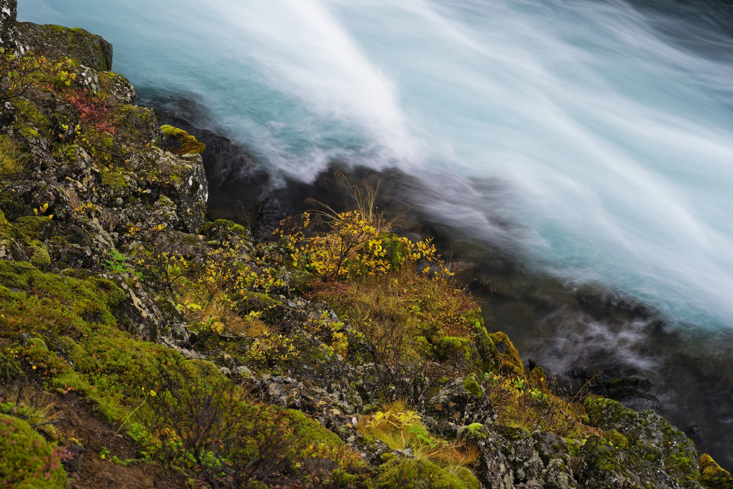 A rugged coastline with moss-covered rocks and low-lying vegetation, with powerful waves crashing against the shore under a cloudy sky.
