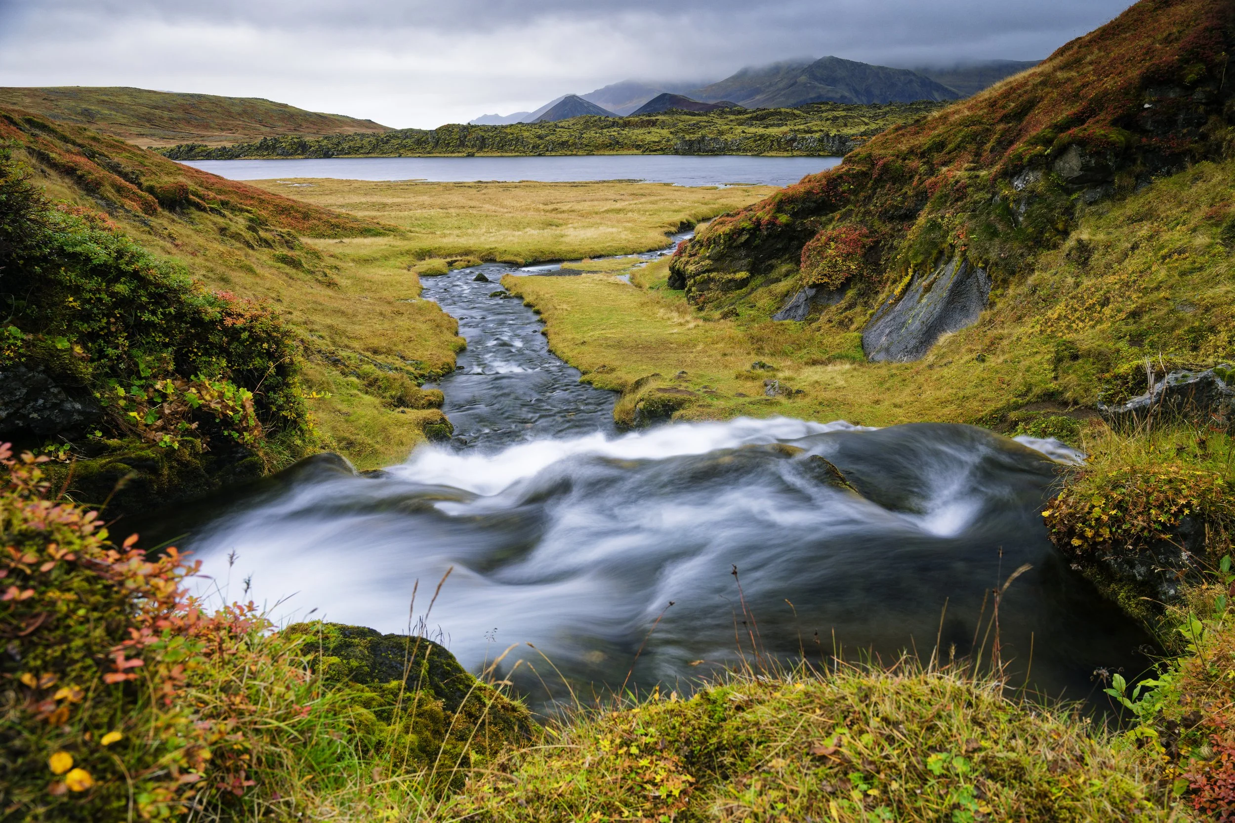 A scenic landscape featuring a small stream flowing through a grassy valley, with a lake in the background surrounded by mossy hills and mountains under a cloudy sky.