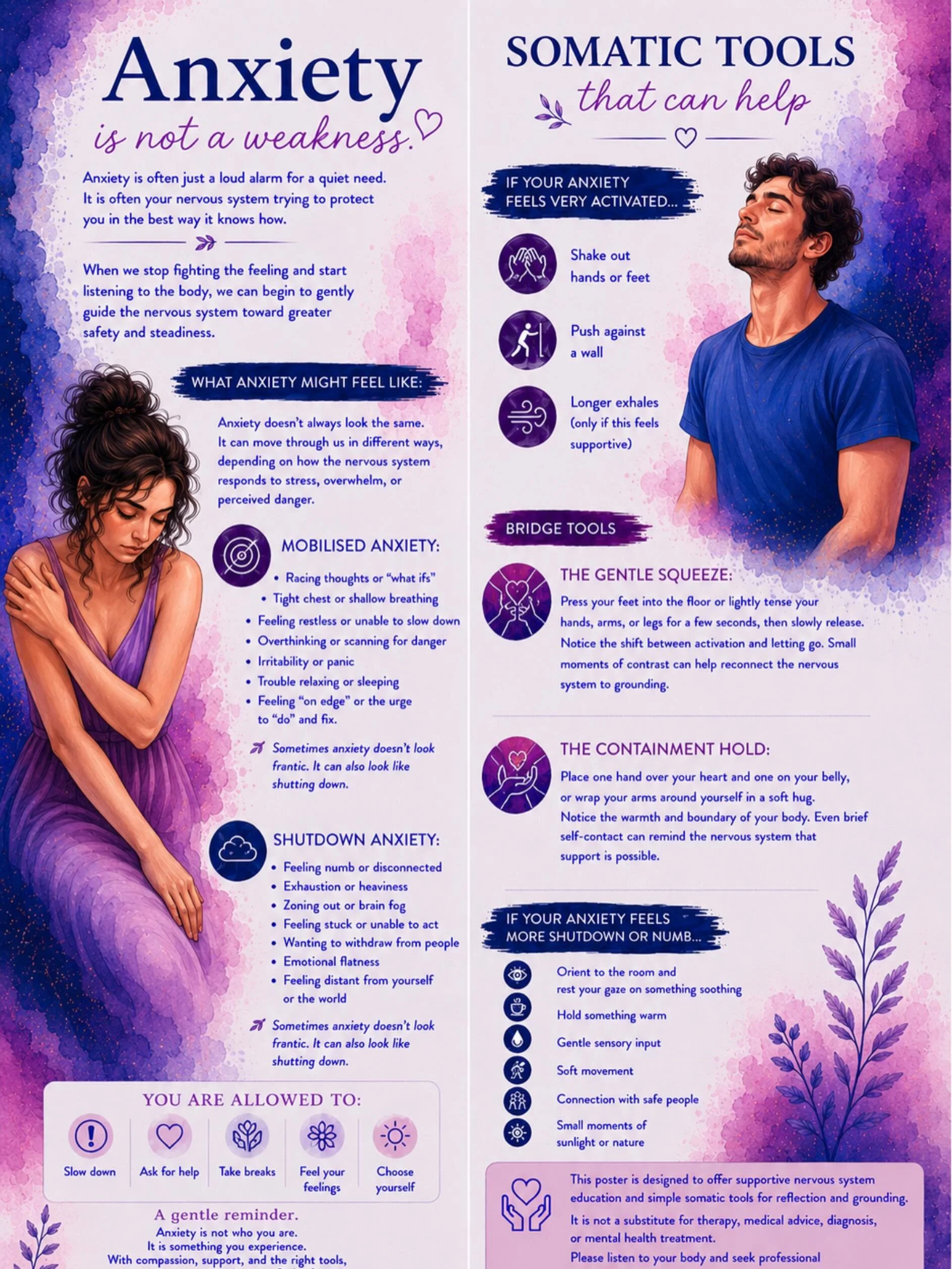 Sometimes anxiety is simply the body trying to protect us after carrying too much for too long.

For Mental Health Awareness Week, I&rsquo;ll be sharing a series of posters on anxiety, depression, betrayal, self-compassion, and rebuilding after diffi