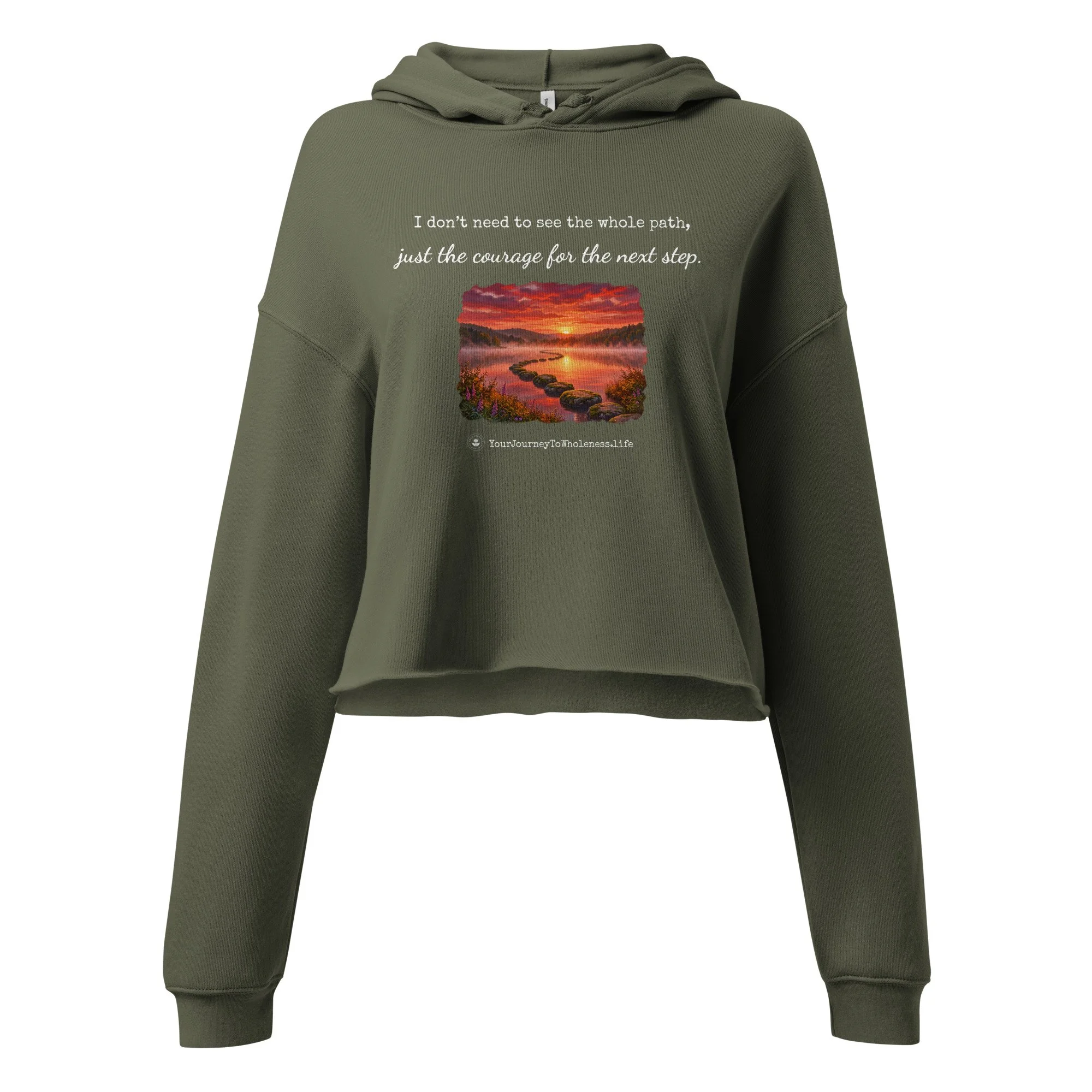The Unfolding Path Crop Top Hoodie military green