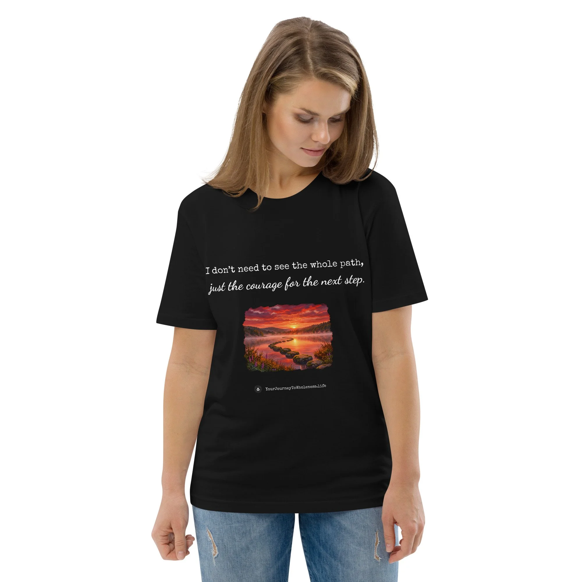 The Unfolding Path Organic Cotton T-Shirt Black on a model
