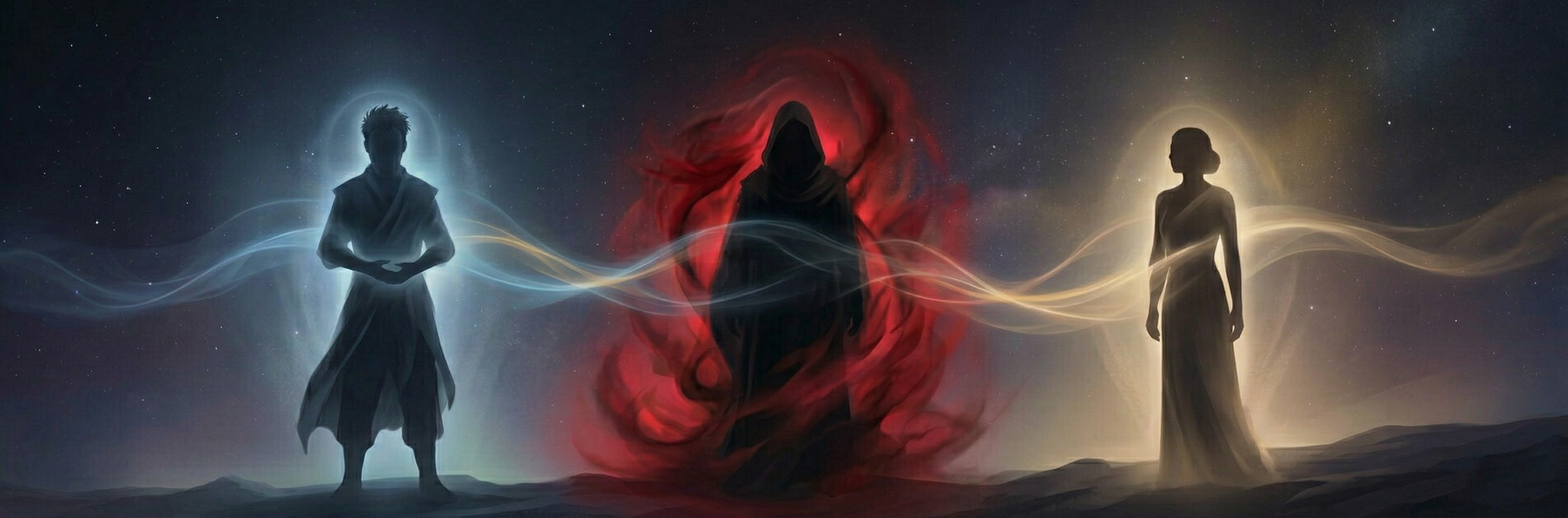 Three mysterious figures stand against a starry night sky, with a glowing aura around each. The left figure is a young man with spiky hair, illuminated with a bluish glow. The middle figure is a hooded, cloaked entity shrouded in red energy, with its face hidden. The right figure is a woman with short hair, glowing with a golden aura.
