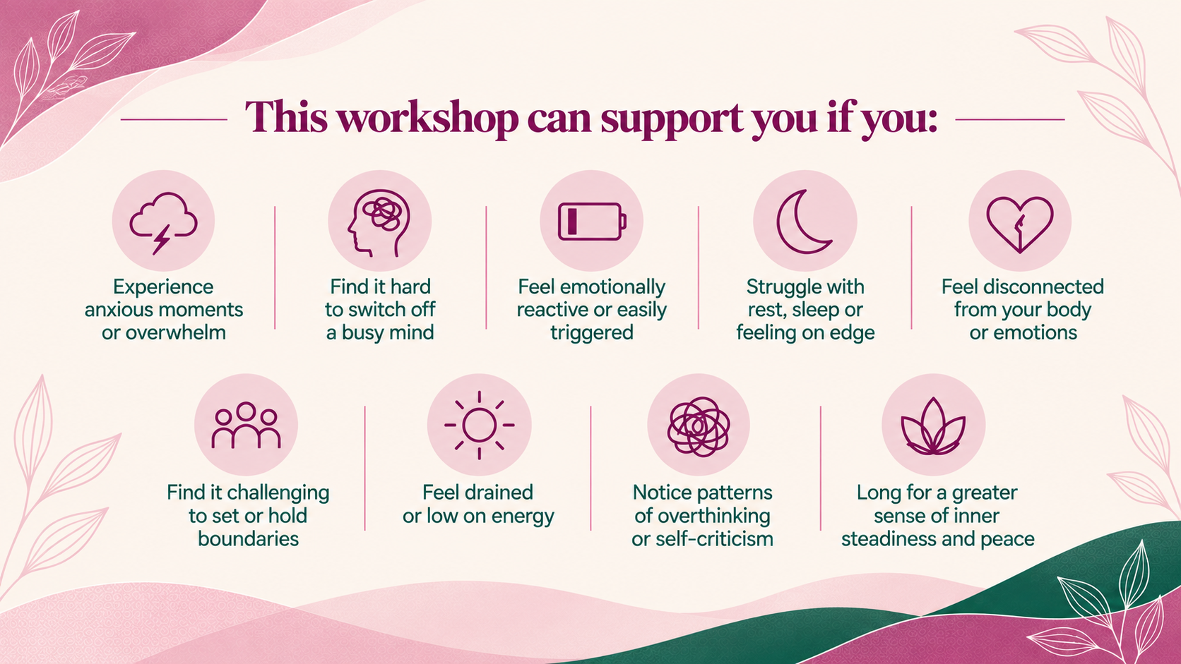 A colorful infographic with pink, purple, and green design elements showing ways a workshop can support mental health. Contains icons and text about experiencing anxiety, difficulty switching off a busy mind, emotional reactivity, sleep issues, feeling disconnected, setting boundaries, low energy, overthinking, and seeking inner peace.