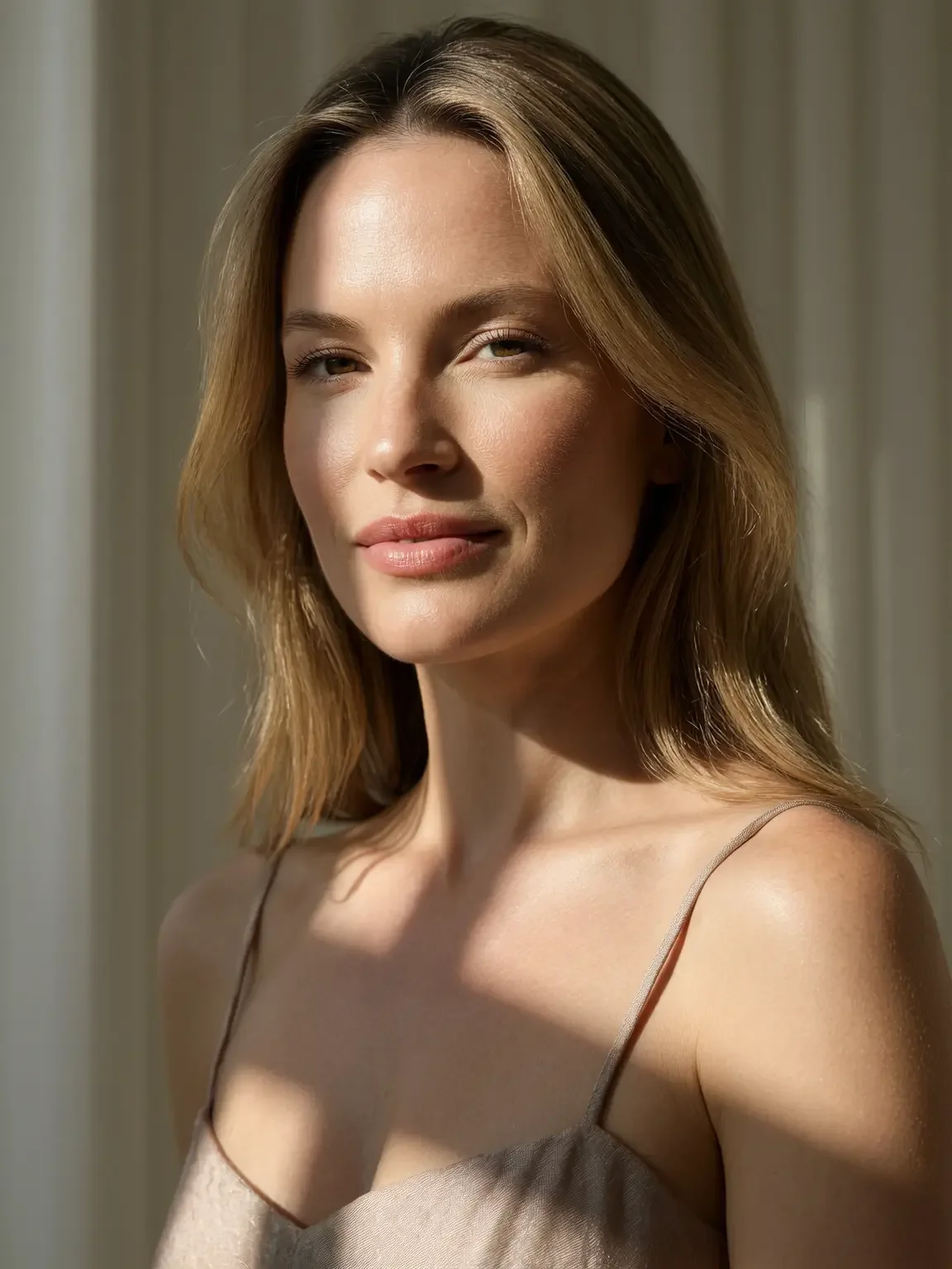 Ritratto frontale di una donna bionda illuminata da una luce solare radente che proietta un'ombra diagonale netta sul viso e sul collo. Indossa un top satinato con spalline sottili in una tonalità neutra.