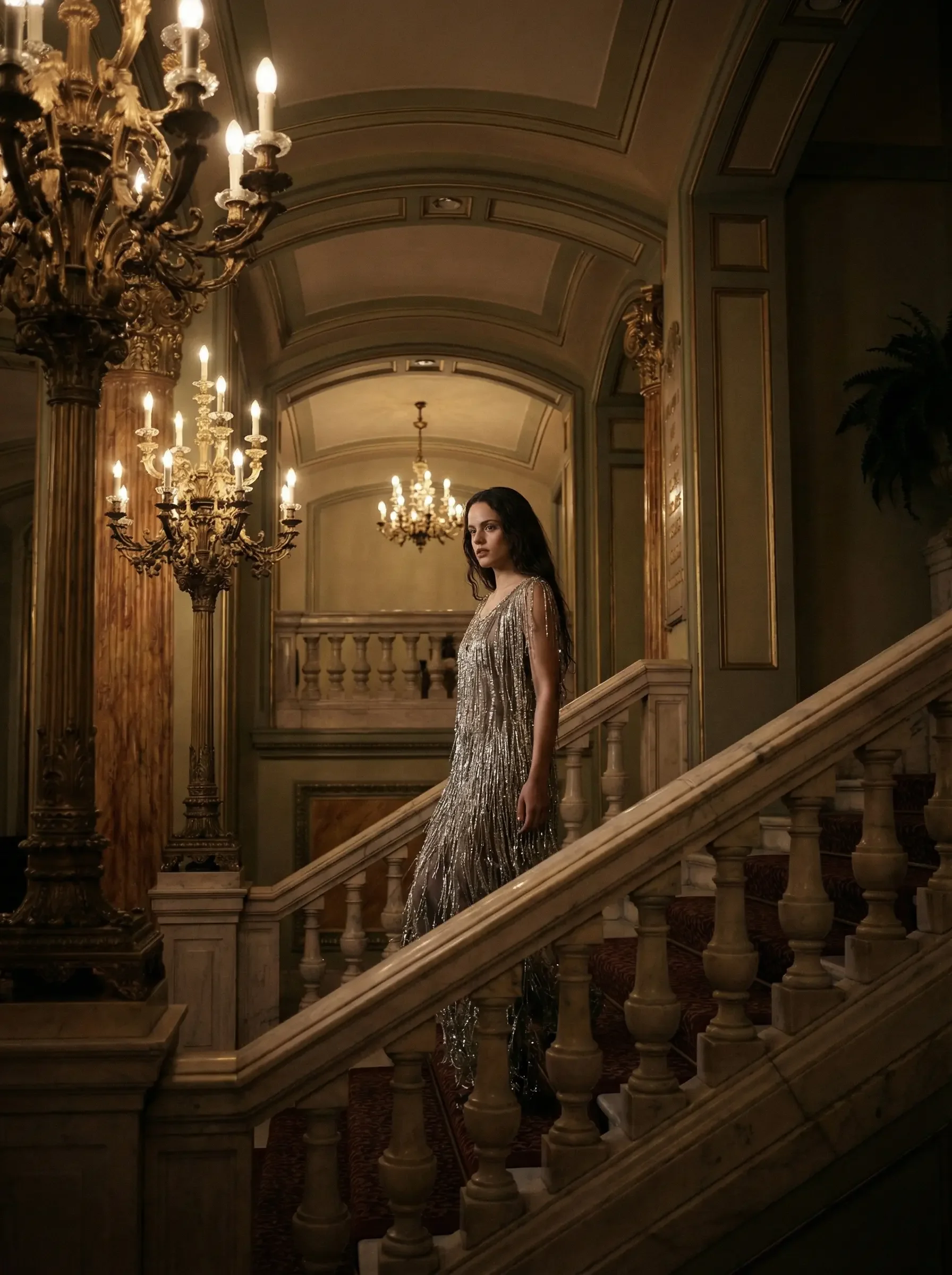Una donna con un abito a frange metalliche argentate scende una monumentale scala in marmo. L'ambiente è illuminato da imponenti candelabri dorati in uno stile classico ed elegante.
