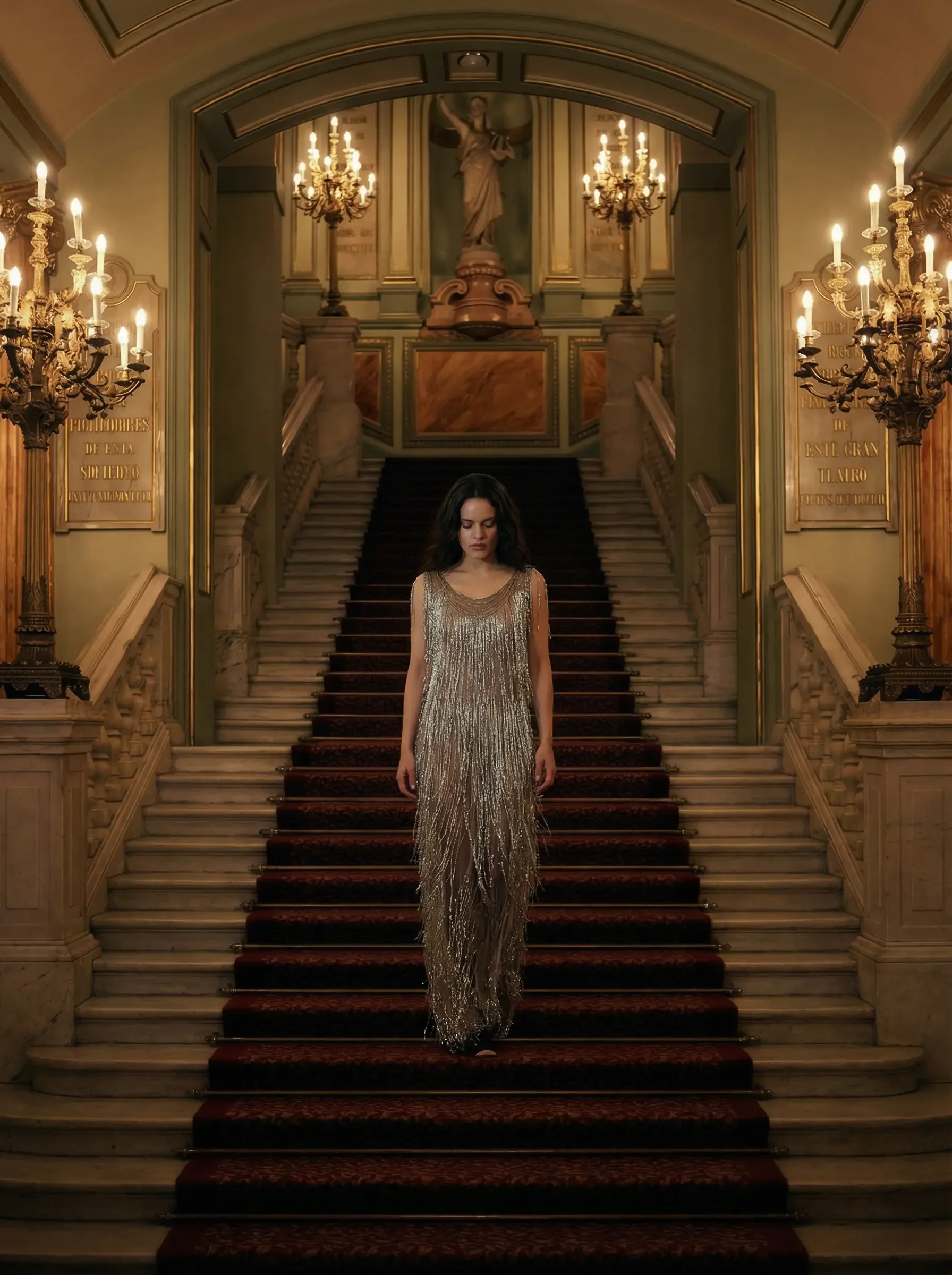 Una donna con un abito a frange metalliche argentate scende una monumentale scala in marmo. L'ambiente è illuminato da imponenti candelabri dorati in uno stile classico ed elegante.