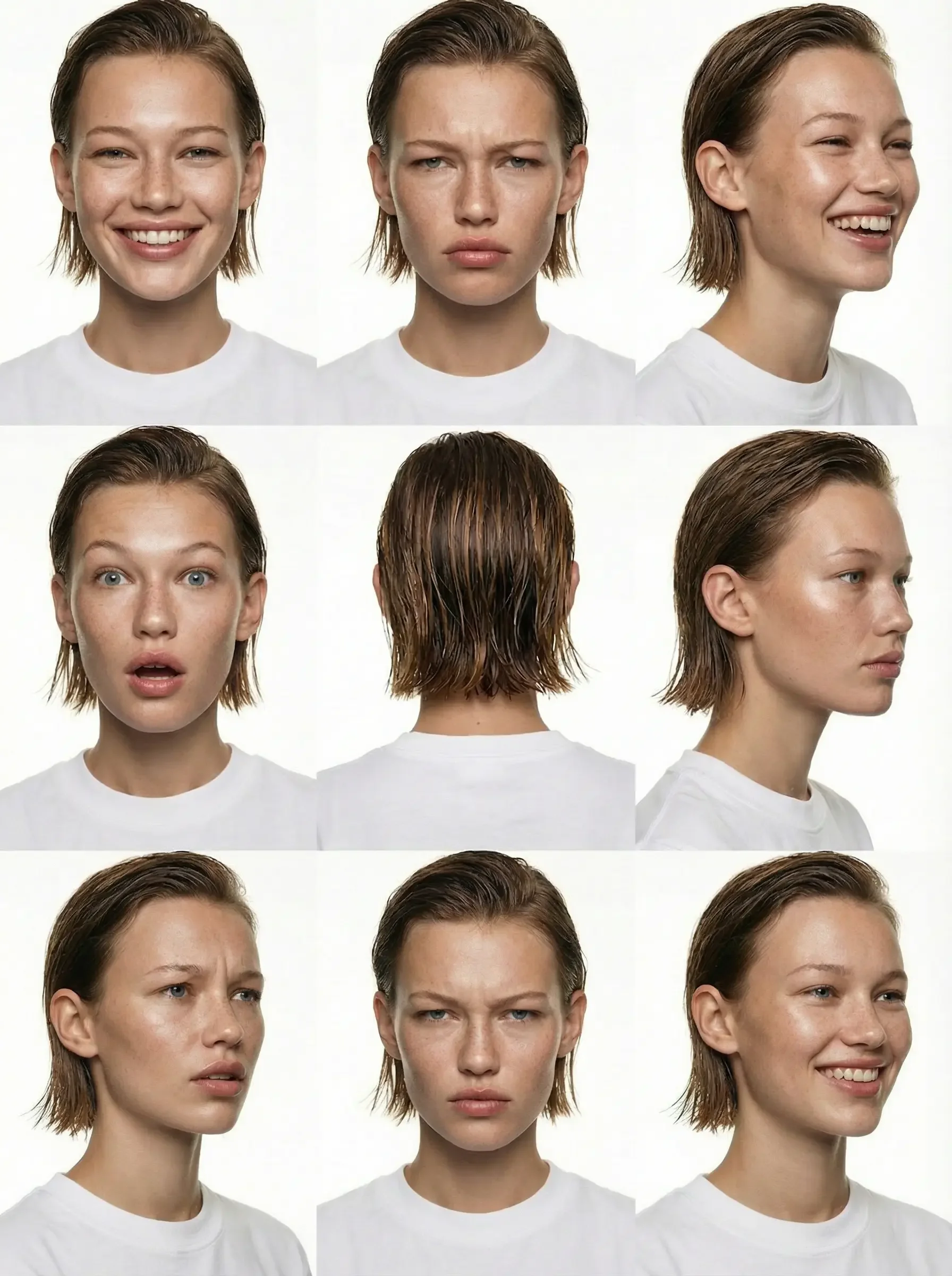 Griglia fotografica di nove scatti che ritraggono una donna con lunghi capelli scuri pettinati all'indietro con effetto bagnato (wet look). Le foto mostrano il viso e la testa da ogni angolazione, inclusa la nuca.