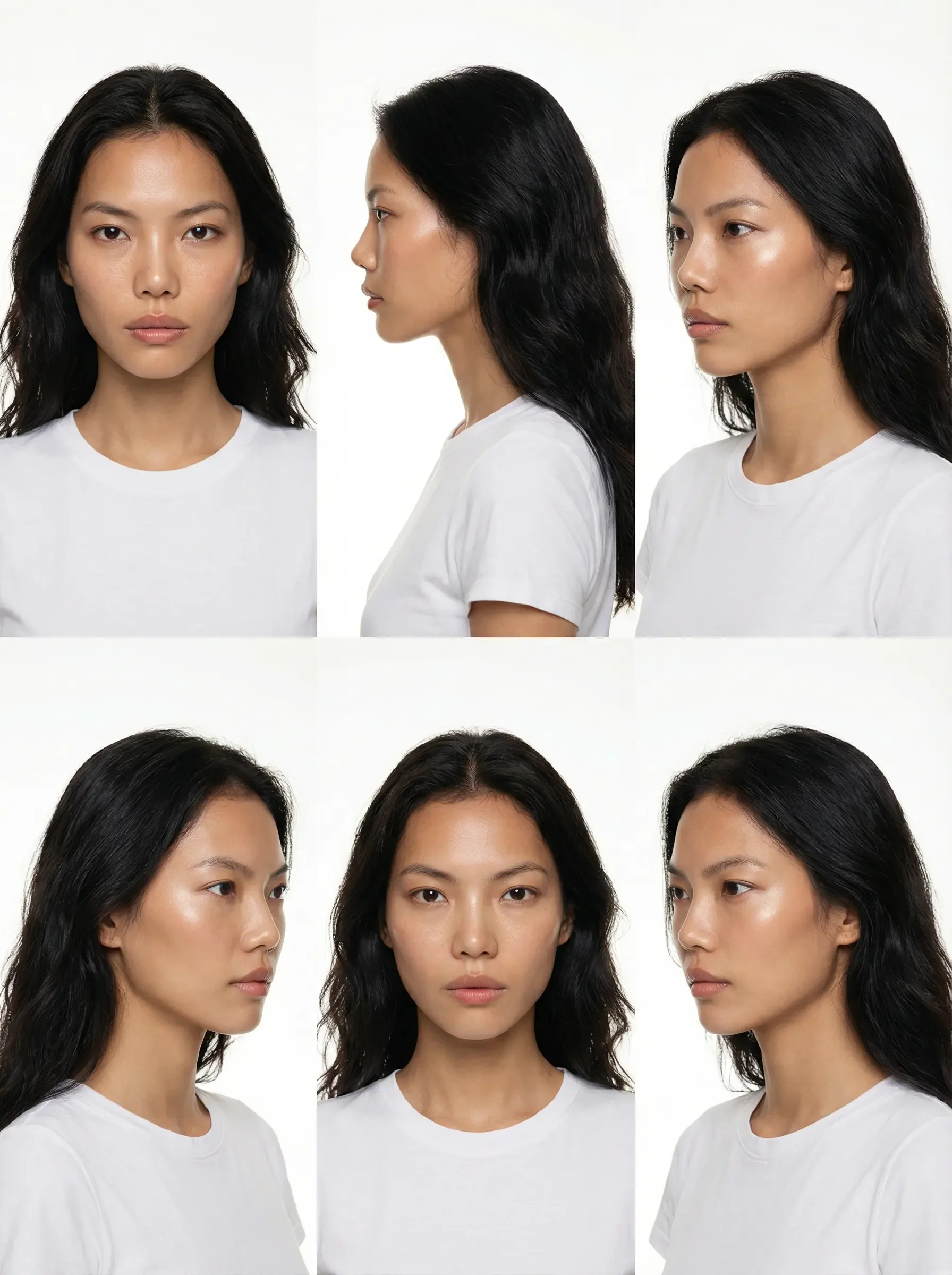 Una composizione di sei fotografie (stile headshot) che ritraggono una donna con lunghi capelli scuri e mossi ripresa da diverse angolazioni: frontale, di profilo e di tre quarti. La modella indossa una semplice maglietta bianca su uno sfondo bianco 