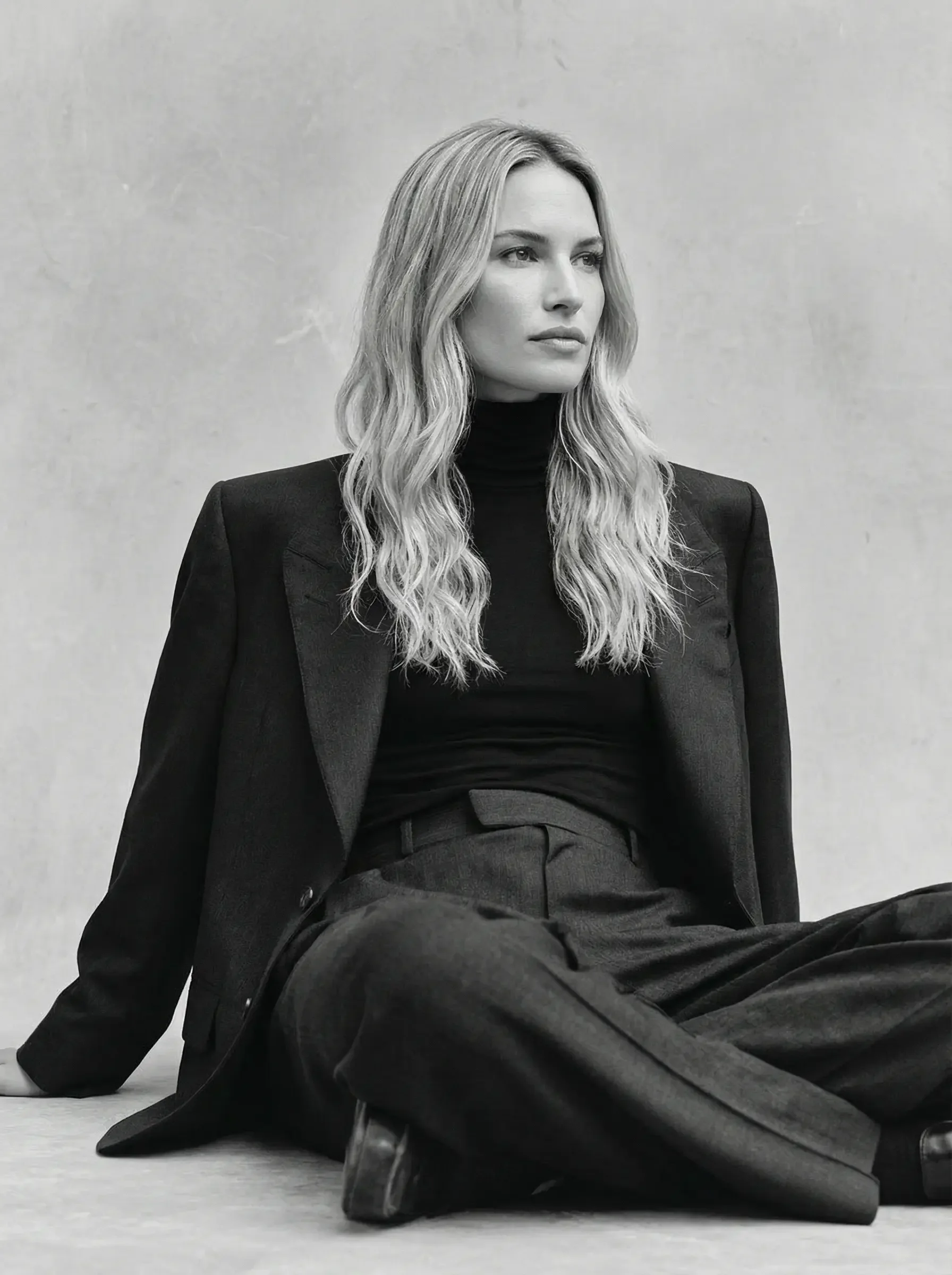 Donna seduta a terra con capelli mossi, vestita con completo nero e giacca blazer, in bianco e nero