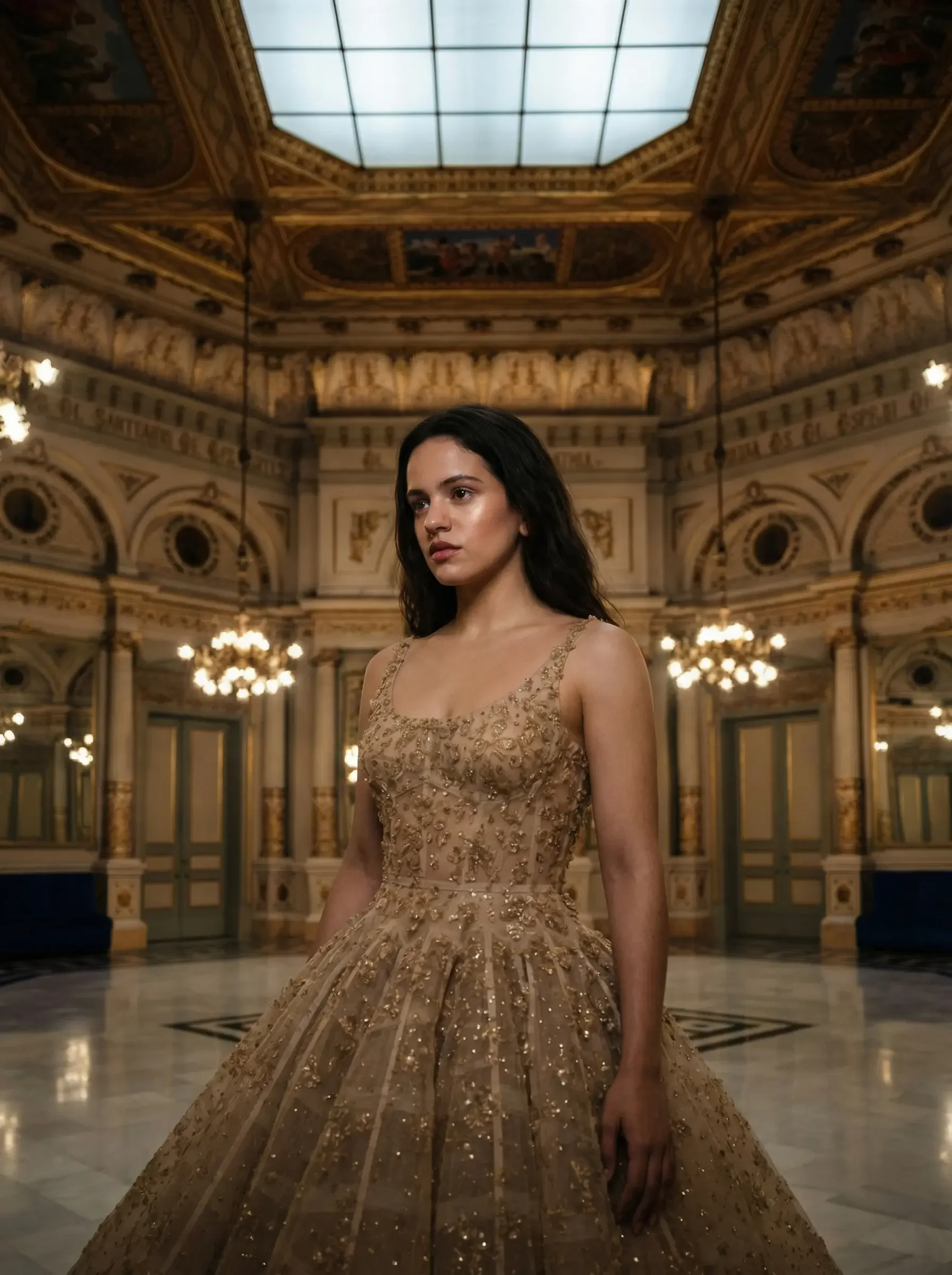 Una giovane donna con un abito da sera dorato e ricamato si trova in un sontuoso salone storico con soffitto decorato, lampadari e pareti ornate.