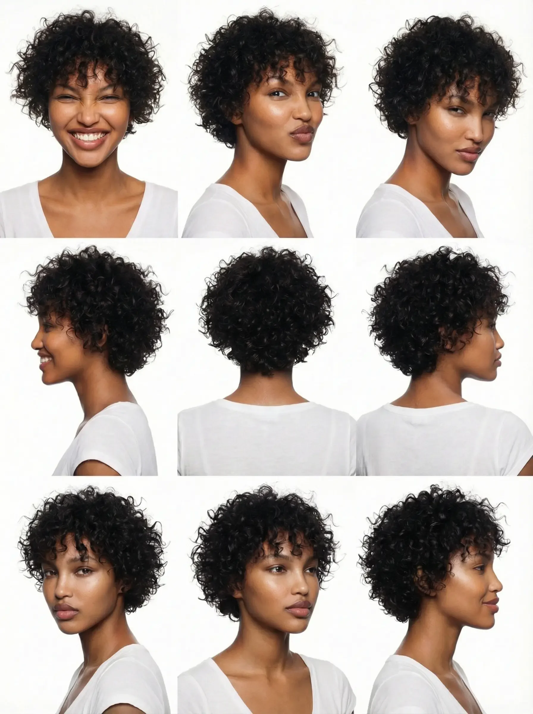 Una composizione di nove fotografie (stile "headshot") che ritraggono una donna con capelli scuri corti e ricci da diverse angolazioni: fronte, profilo, tre quarti e retro. Indossa una semplice t-shirt bianca su sfondo neutro.