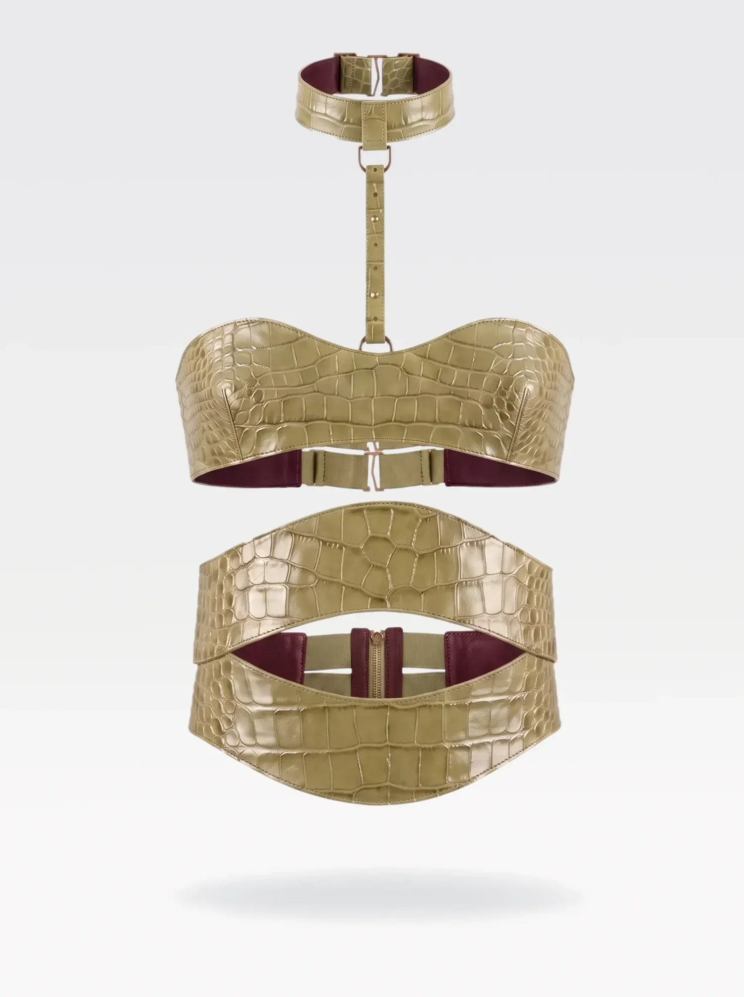 Corsetto V.N.V Sainte Sve in pelle stampa cocco pistacchio con choker, still life realizzato con AI