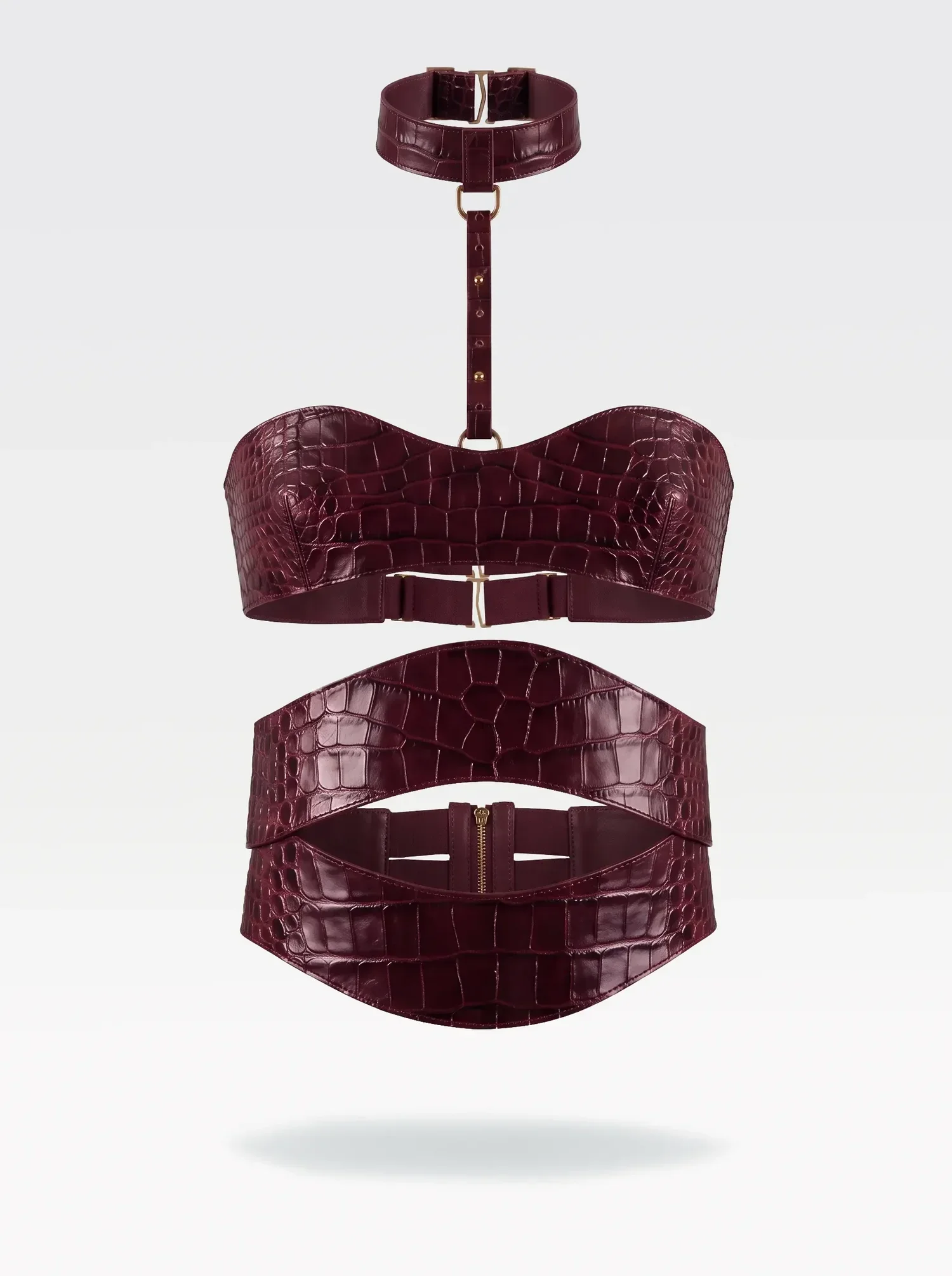 Accessori moda in stile croco color bordeaux, collare, cintura, belt, fasce e cinturini in pelle