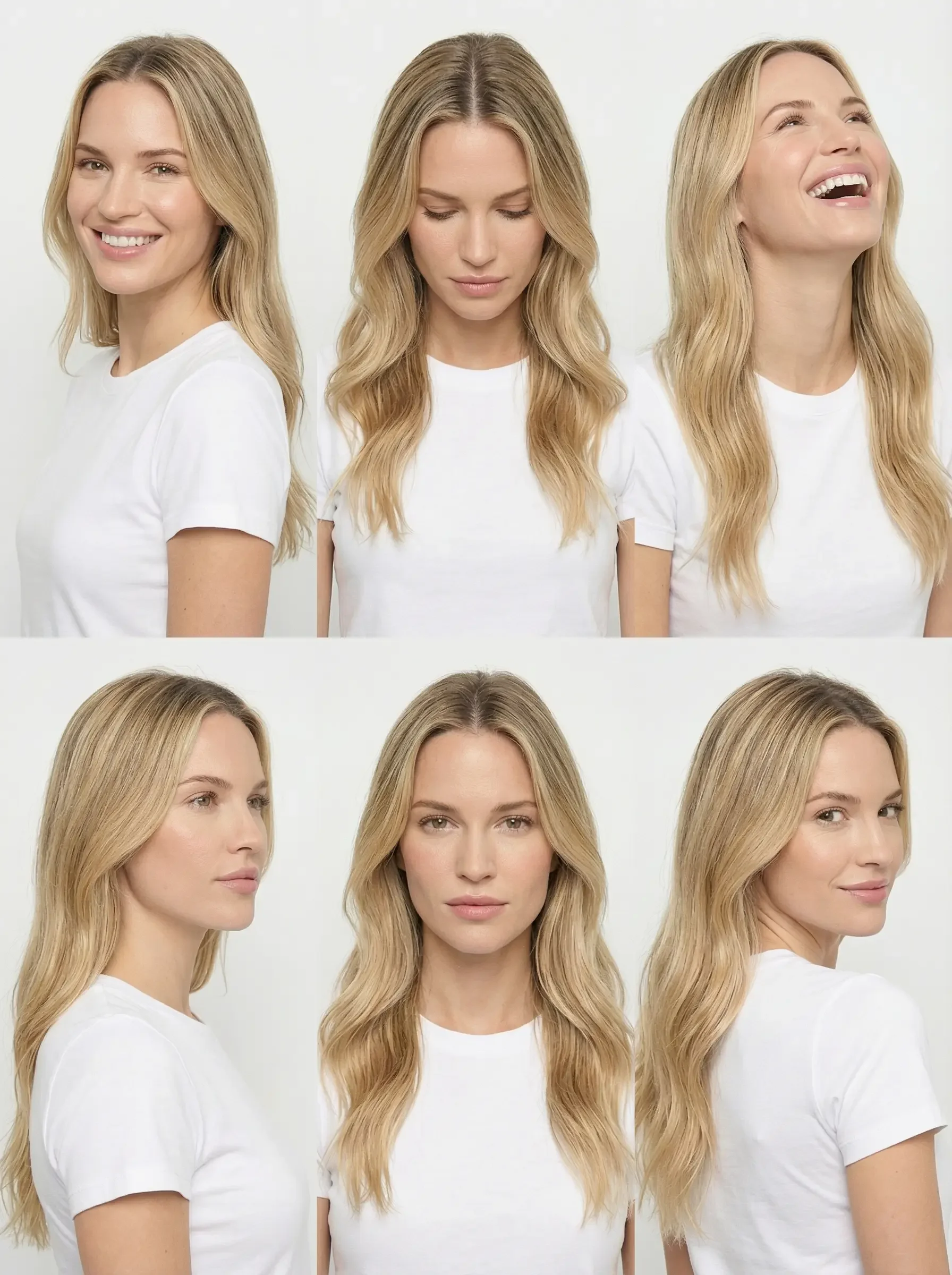 Una griglia di sei foto che mostrano una donna con lunghi capelli biondi mossi. Le inquadrature variano dal profilo frontale a quello laterale, con diverse espressioni, mentre indossa una t-shirt bianca.