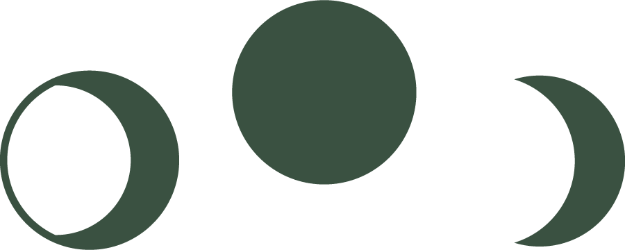 Black background with three large dark green moons or circles, one in the center and two on either side, one a crescent and the other a full circle.