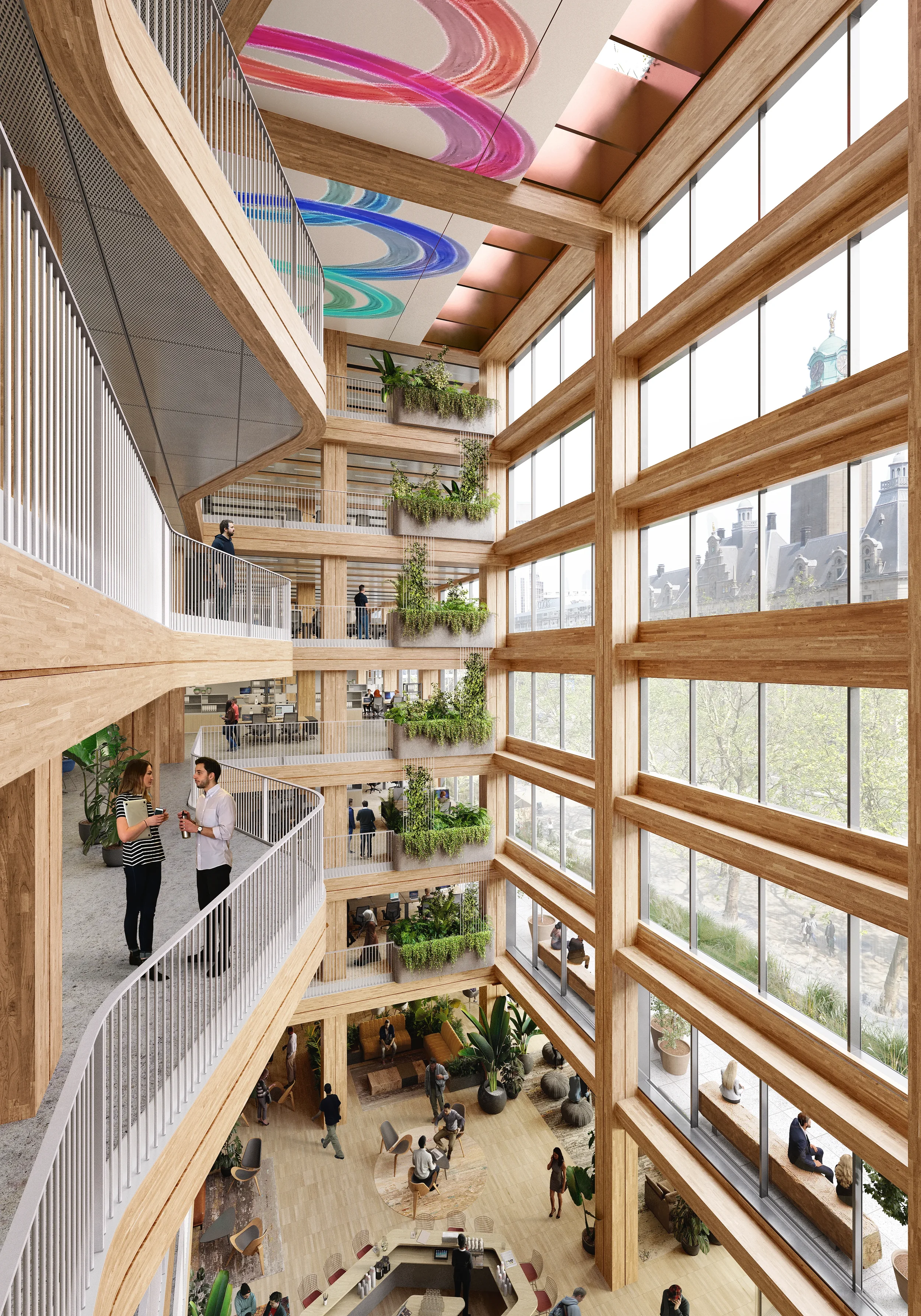 De houten constructie is goed zichtbaar in het atrium. Het ontwerp biedt uitzicht op de Coolsingel in Rotterdam. Groene beplanting vult de ruimte met schone lucht. Duurzaam en biobased ontwerp.