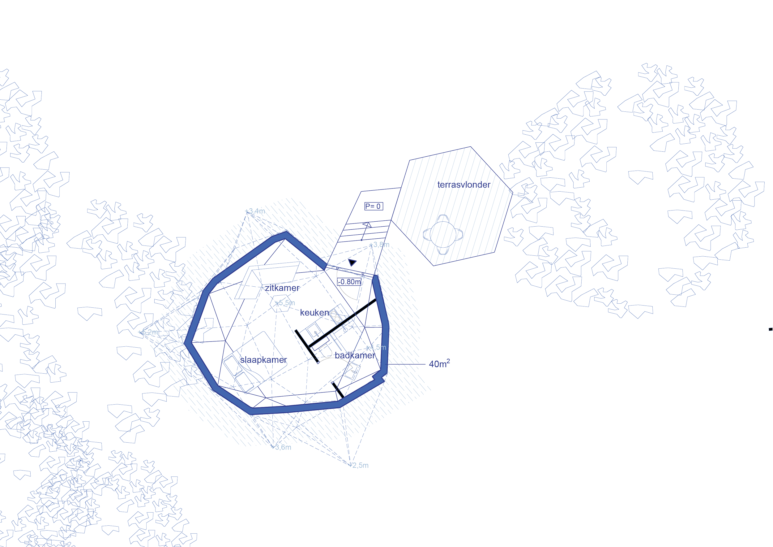 Plattegrond van de zitkuil en verdiepte vloer van de vakantiewoning bij Arnhem