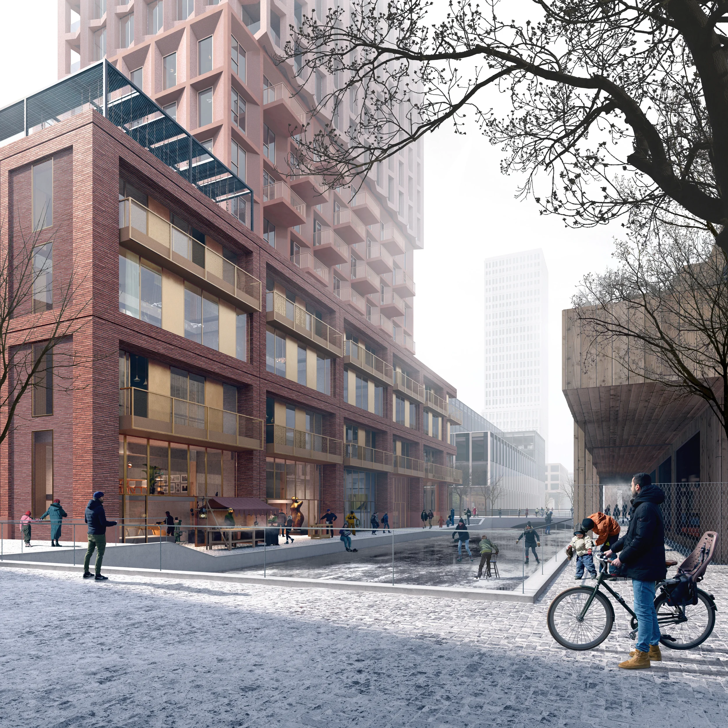 Patchwork met diverse woningen achter verschillende gevels. Een duurzaam ontwerp met een grote diversiteit aan woningen in een woningblok in de Sluisbuurt van Amsterdam.