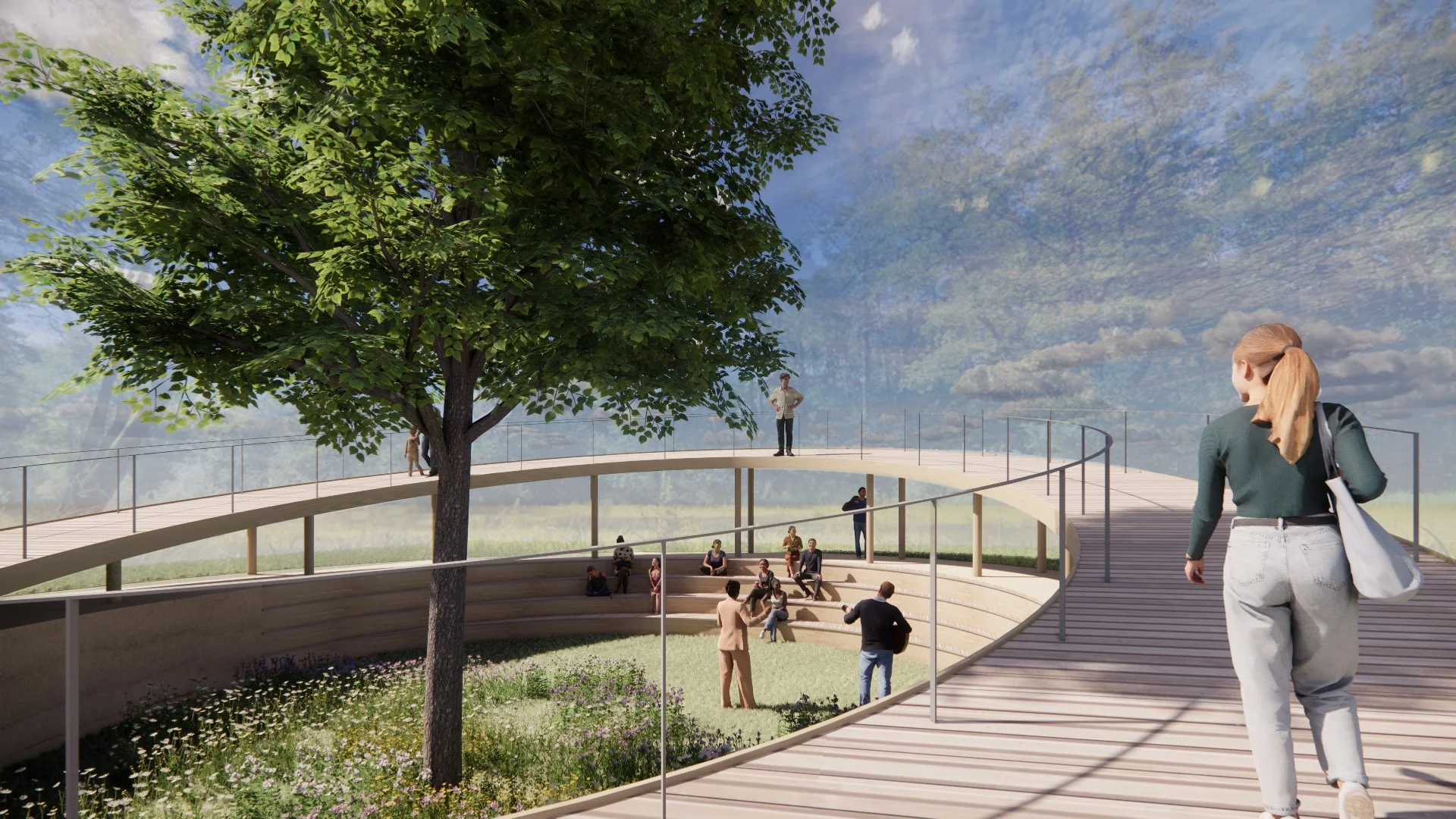 Een modern, open auditorium in de vorm van een ellips. Het is een ontmoetingsplek van de buurt. kaos architecture ontwerpt toekomstbestendige gebouwen en maakt een ontwerp op maat.