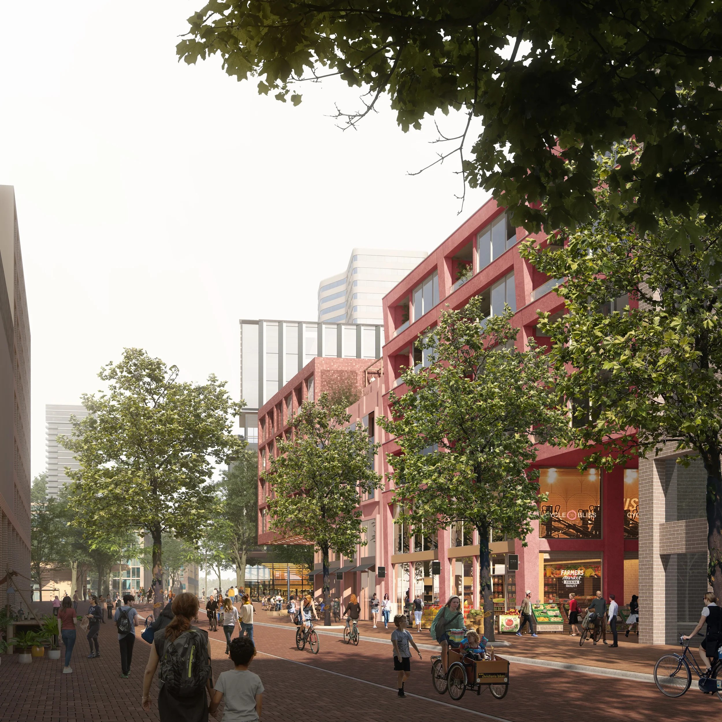 Patchwork plint aan de straat, veel levendigheid en een prettige schaal en maat van het gebouw. Aan de straat zitten winkels en horeca. Op de verdiepingen erboven kijken bewoners vanaf het balkon over de straat.